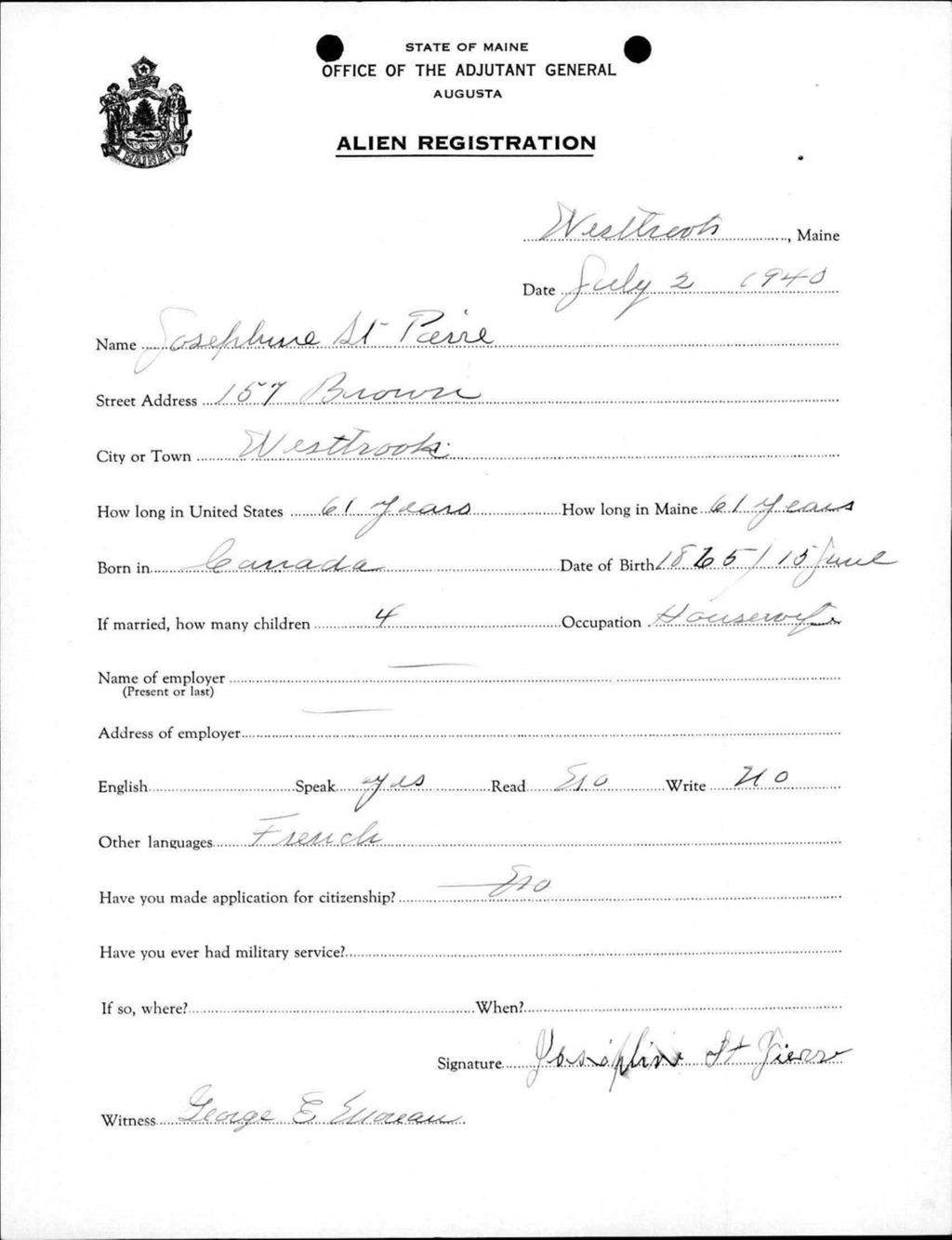 Miniature of Alien Registration- St Pierre, Josephine (Westbrook, Cumberland County)