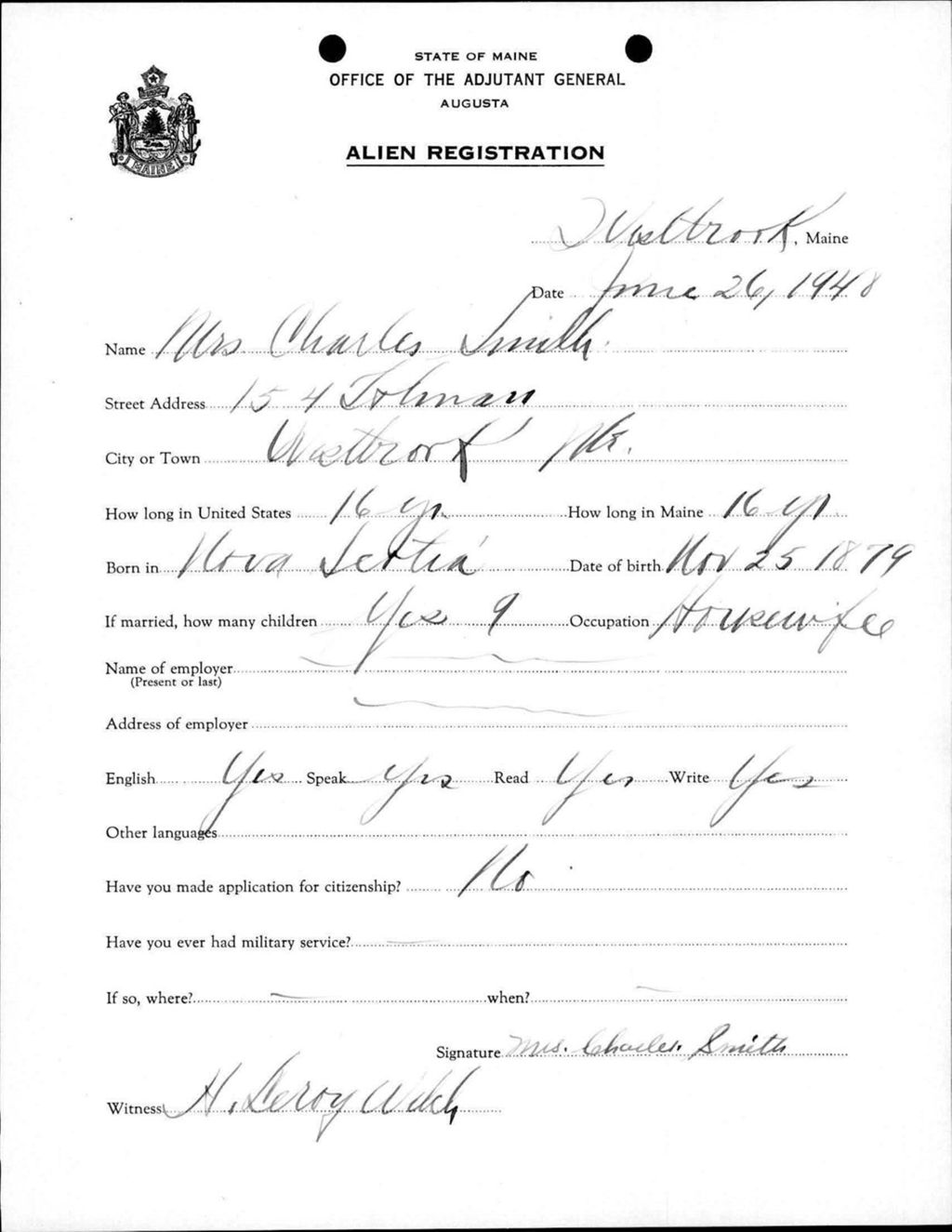 Miniature of Alien Registration- Smith, Charles (Westbrook, Cumberland County)