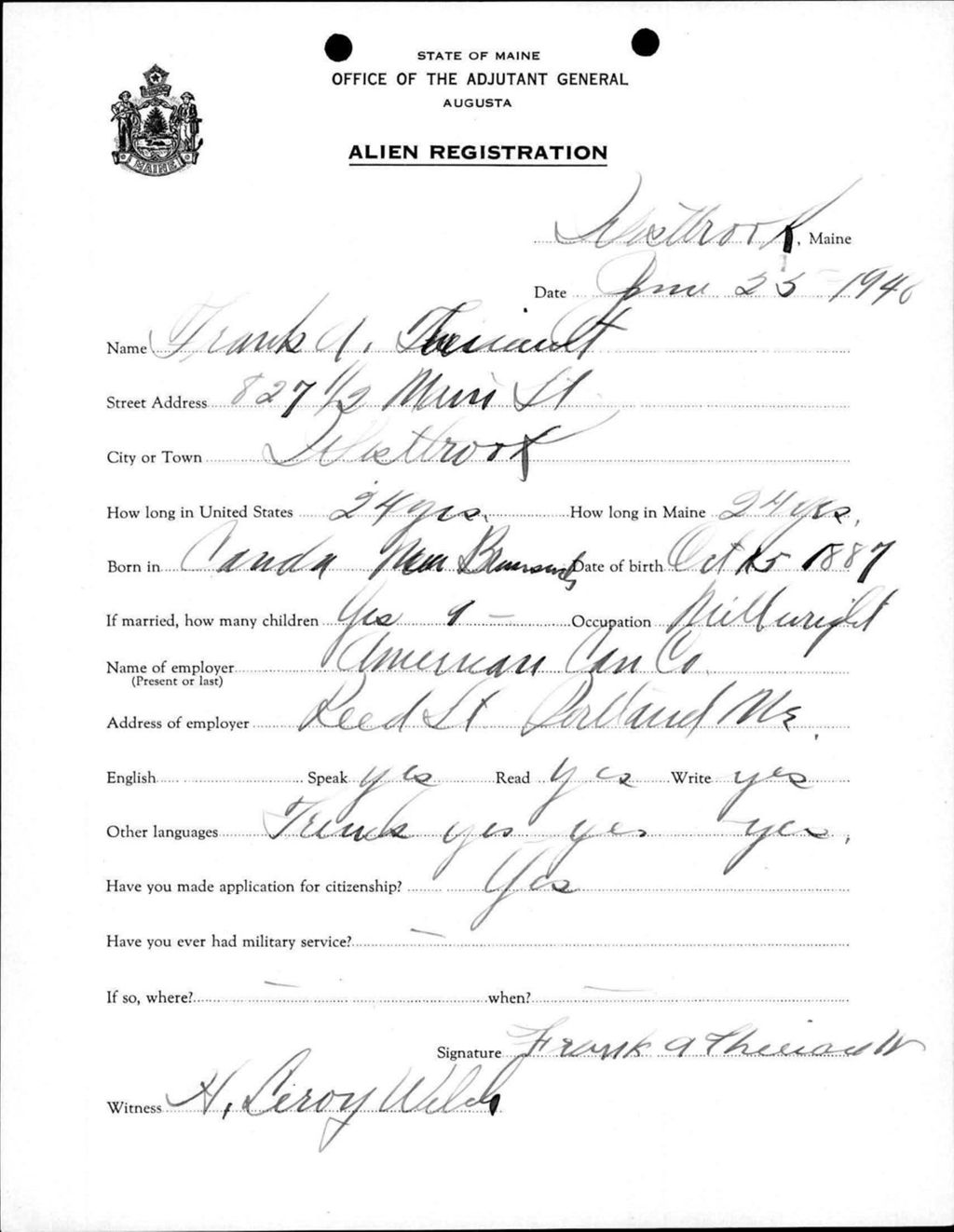 Miniature of Alien Registration- Theriault, Frank A. (Westbrook, Cumberland County)