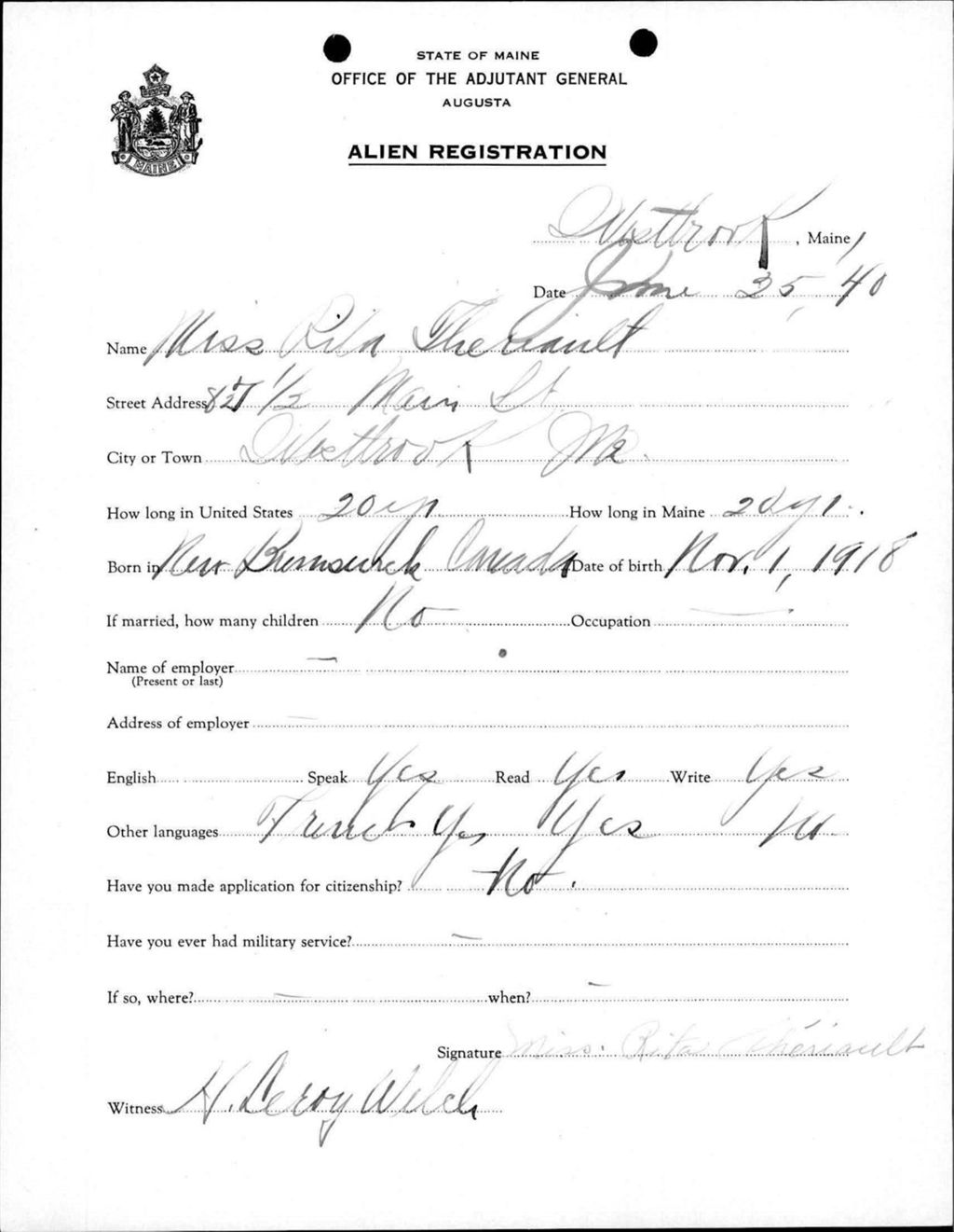 Miniature of Alien Registration- Theriault, Rita (Westbrook, Cumberland County)