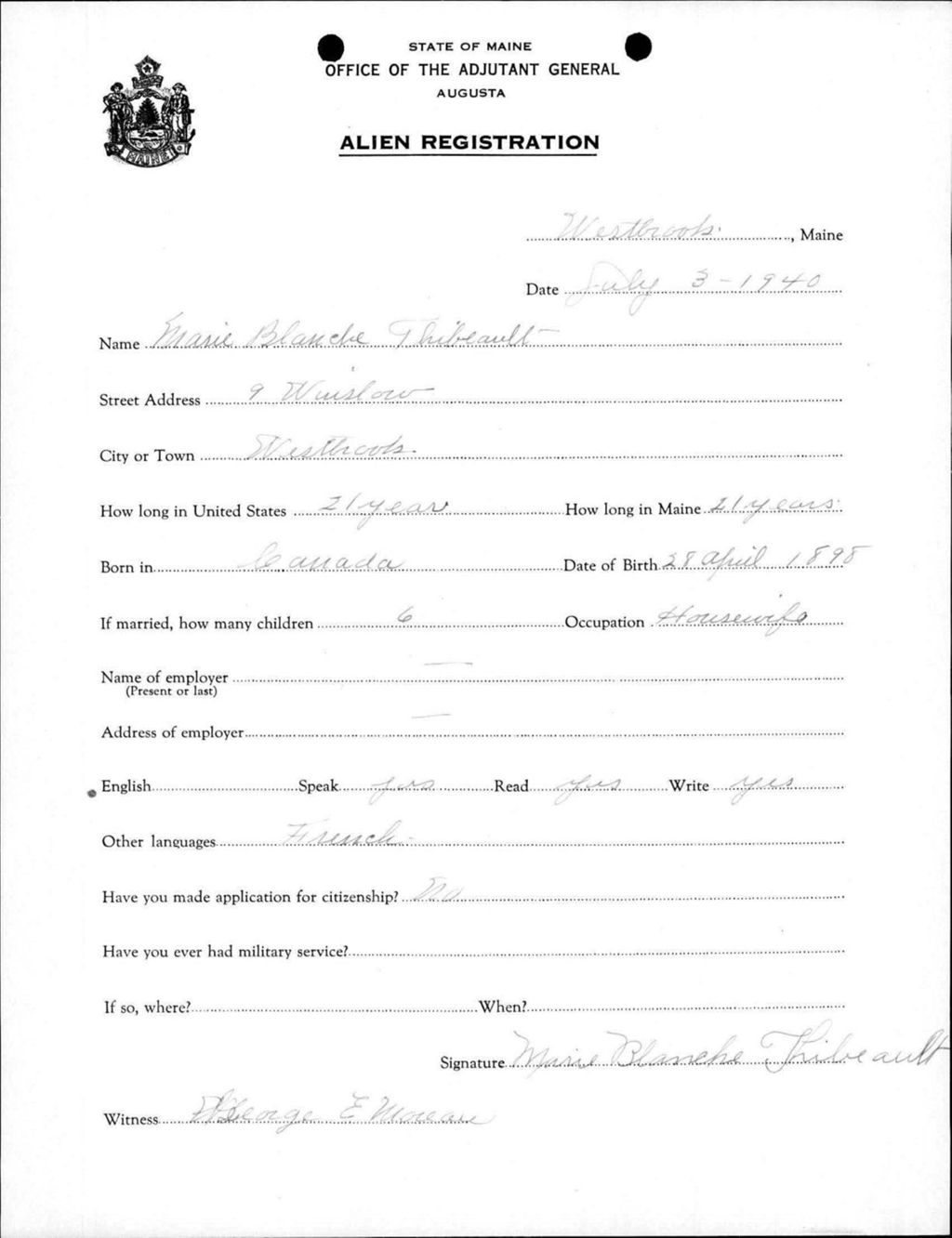 Miniature of Alien Registration- Thibeault, Marie B. (Westbrook, Cumberland County)