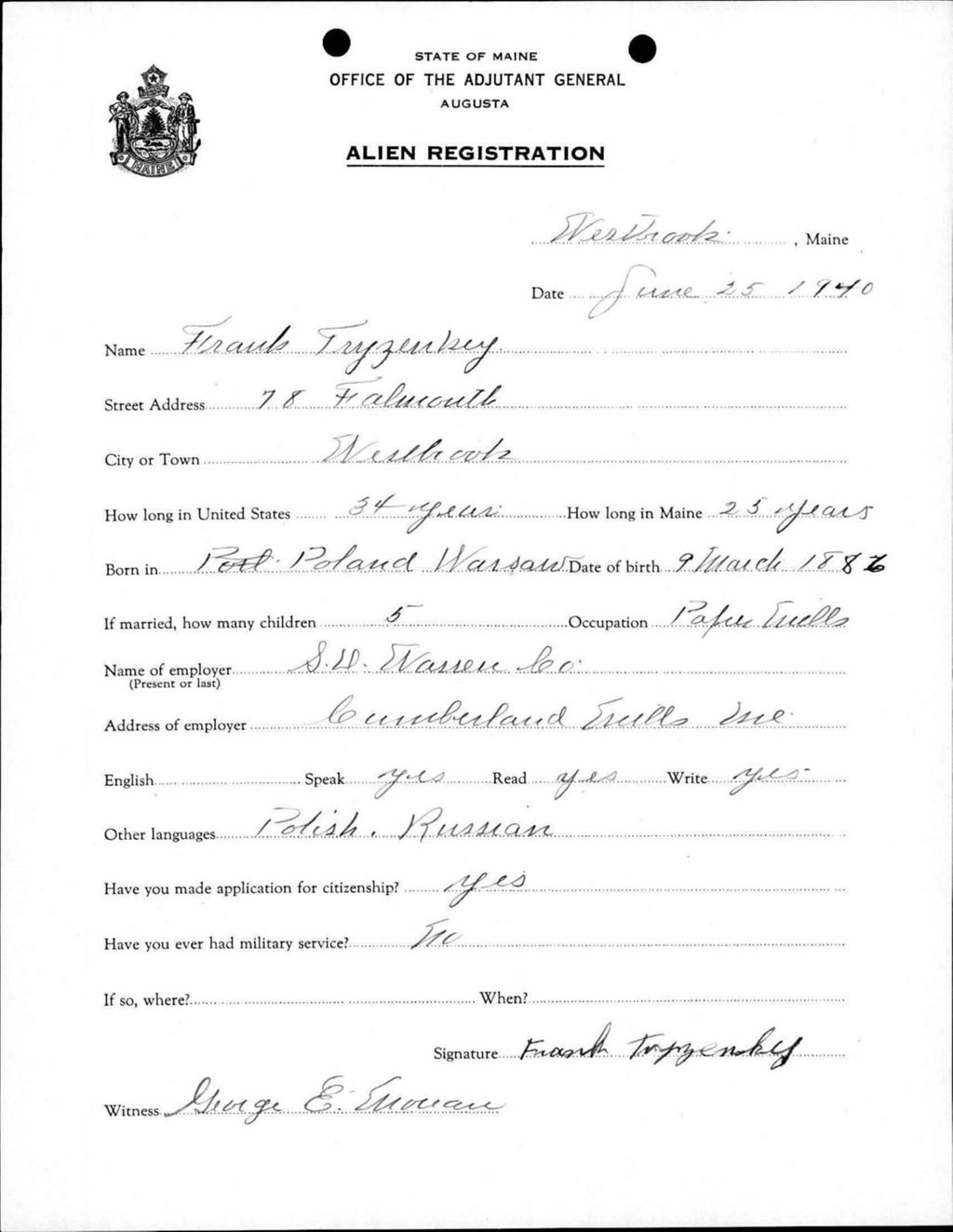 Miniature of Alien Registration- Tryzenky, Frank (Westbrook, Cumberland County)