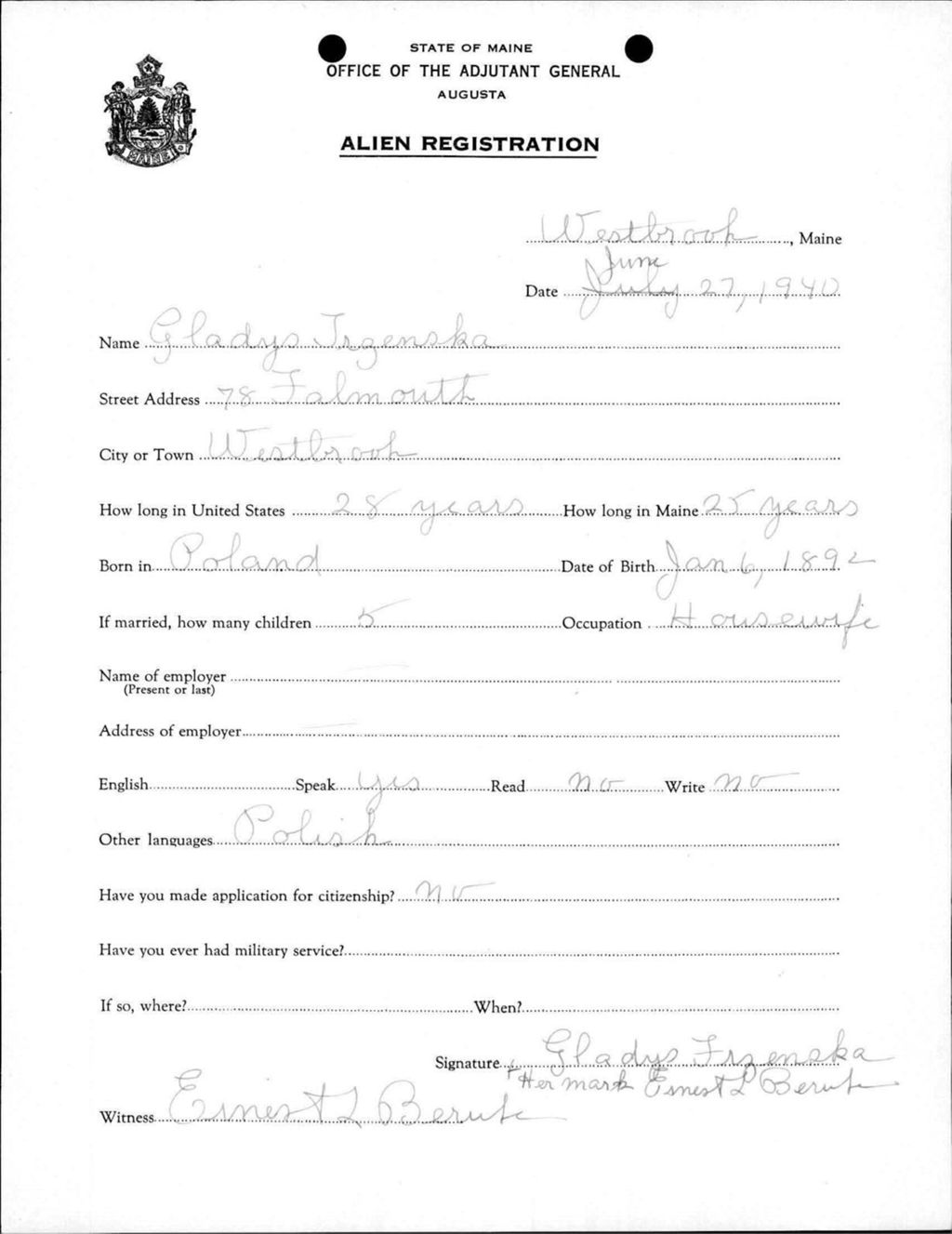 Miniature of Alien Registration- Trzenska, Gladys (Westbrook, Cumberland County)