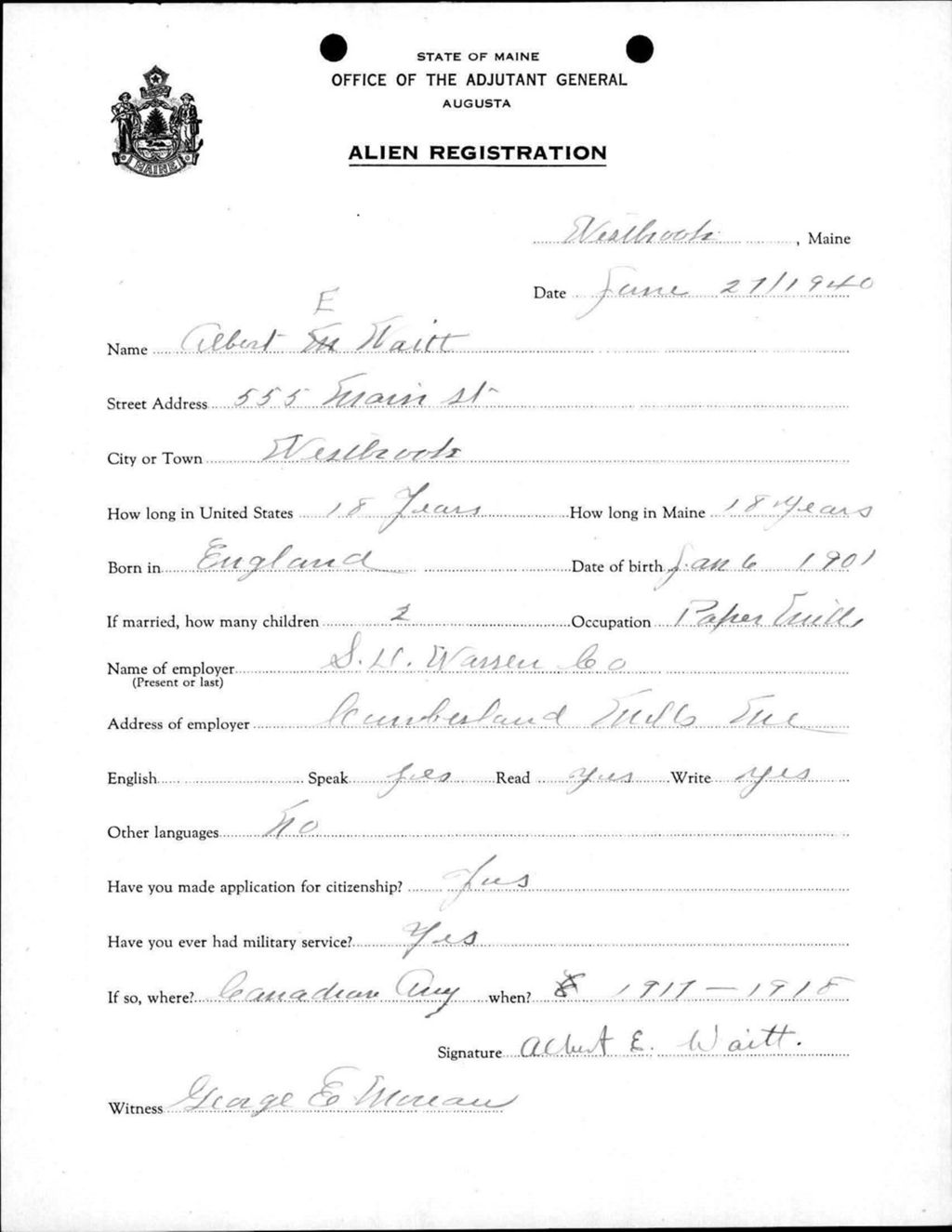 Miniature of Alien Registration- Waitt, Albert E. (Westbrook, Cumberland County)