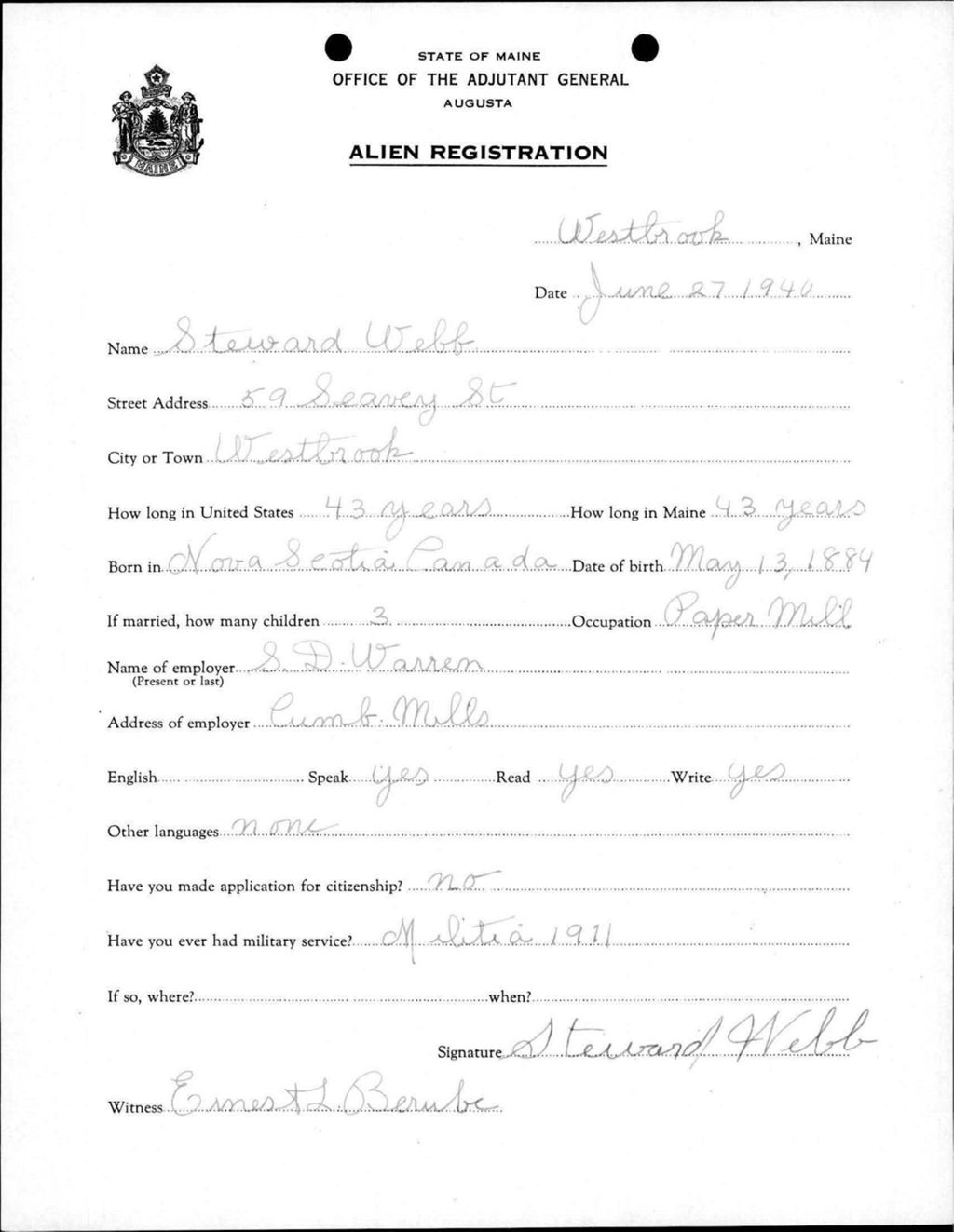 Miniature of Alien Registration- Webb, Steward (Westbrook, Cumberland County)