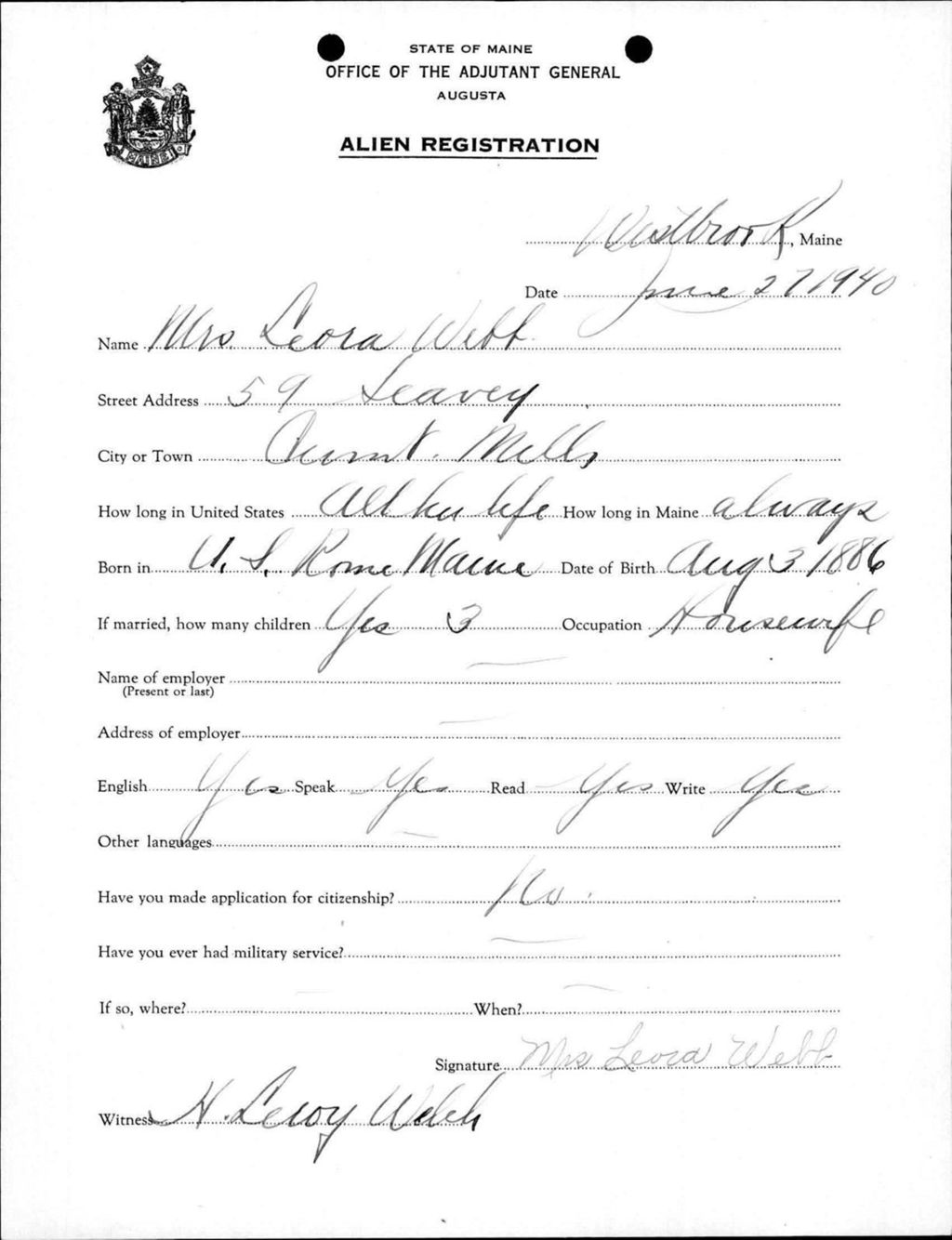 Miniature of Alien Registration- Webb, Leora (Westbrook, Cumberland County)