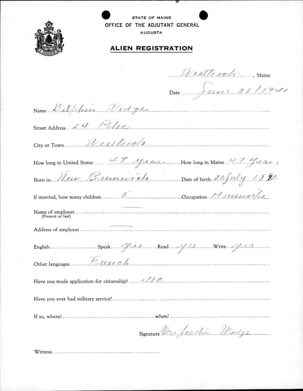 Miniature of Alien Registration- Wedge, Delphiss (Westbrook, Cumberland County)