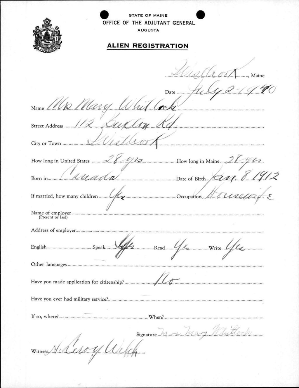 Miniature of Alien Registration- Whitlock, Mary (Westbrook, Cumberland County)
