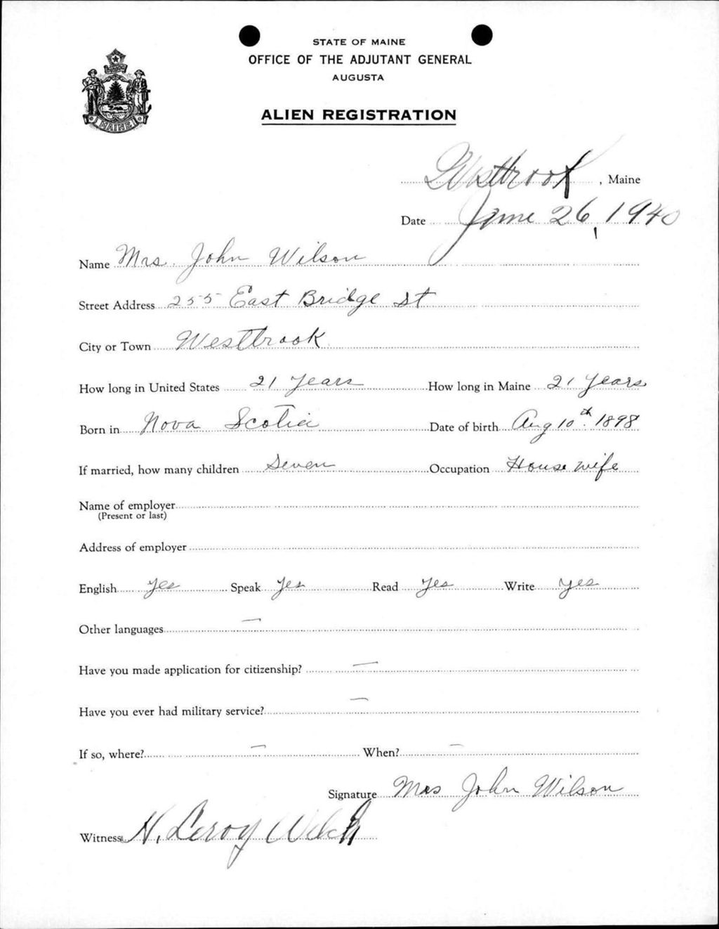 Miniature of Alien Registration- Wilson, John (Westbrook, Cumberland County)