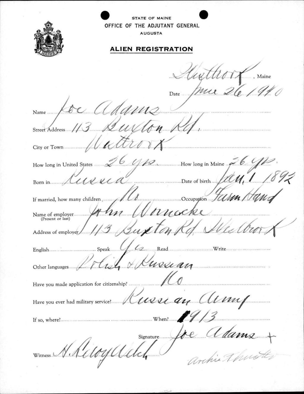 Miniature of Alien Registration- Adams, Joe (Westbrook, Cumberland County)