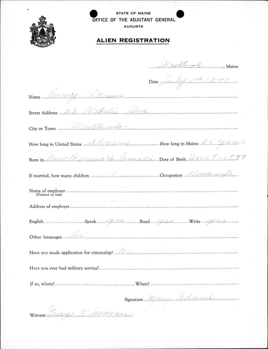 Miniature of Alien Registration- Adams, Mary (Westbrook, Cumberland County)