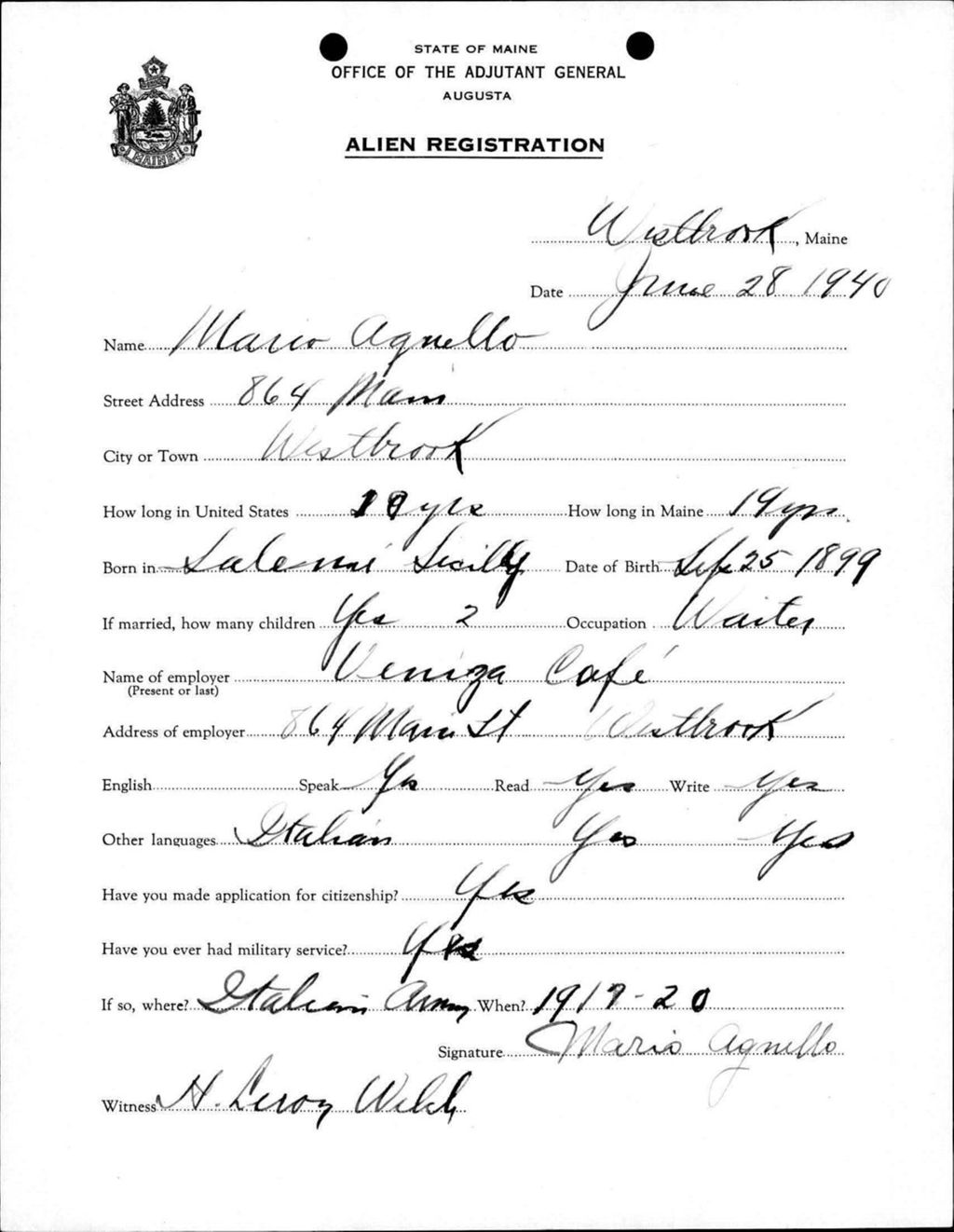 Miniature of Alien Registration- Agnello, Mario (Westbrook, Cumberland County)