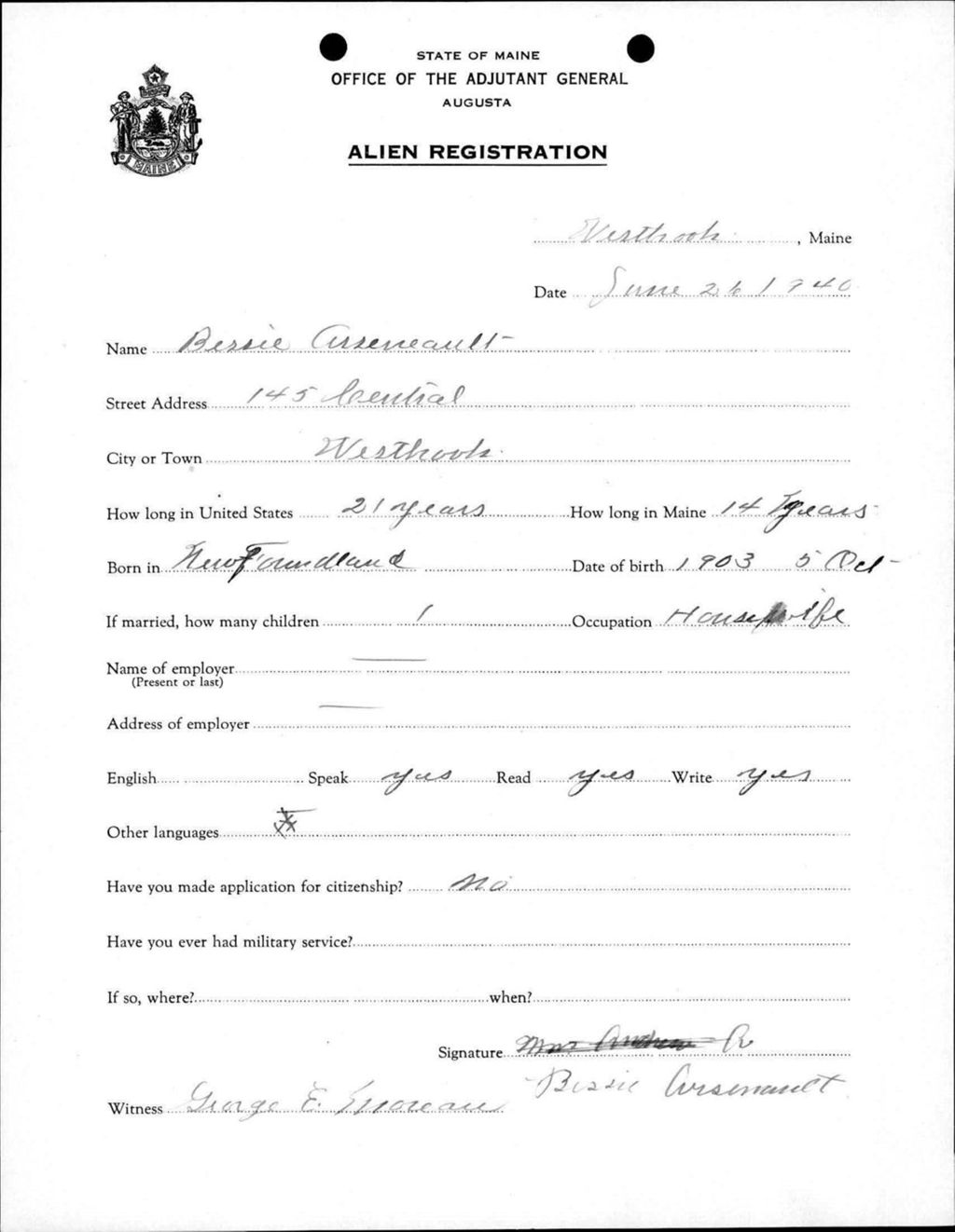 Miniature of Alien Registration- Arsenault, Bessie (Westbrook, Cumberland County)