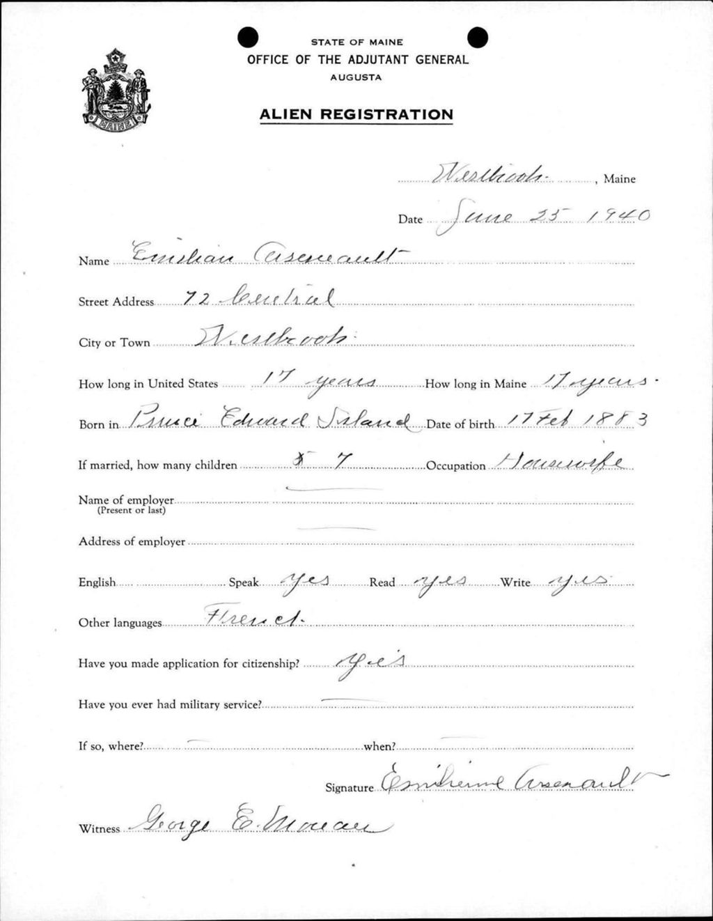Miniature of Alien Registration- Arsenault, Emilieine (Westbrook, Cumberland County)