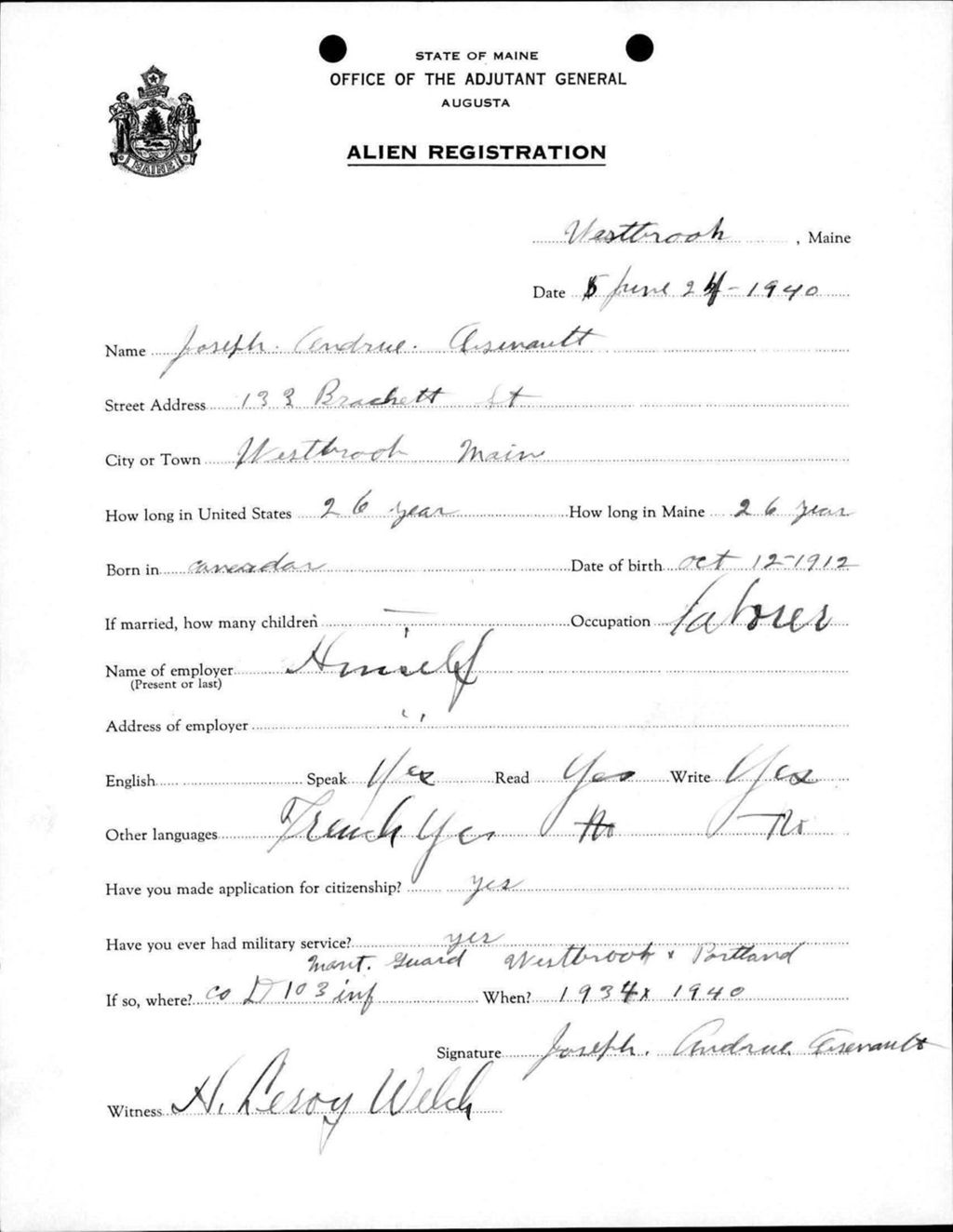 Miniature of Alien Registration- Arsenault, Joseph A. (Westbrook, Cumberland County)