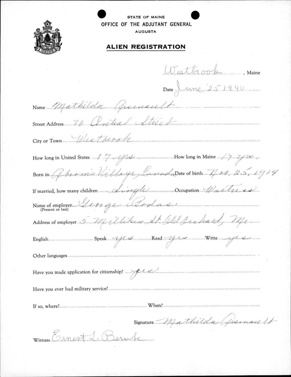 Miniature of Alien Registration- Arsenault, Mathilda (Westbrook, Cumberland County)