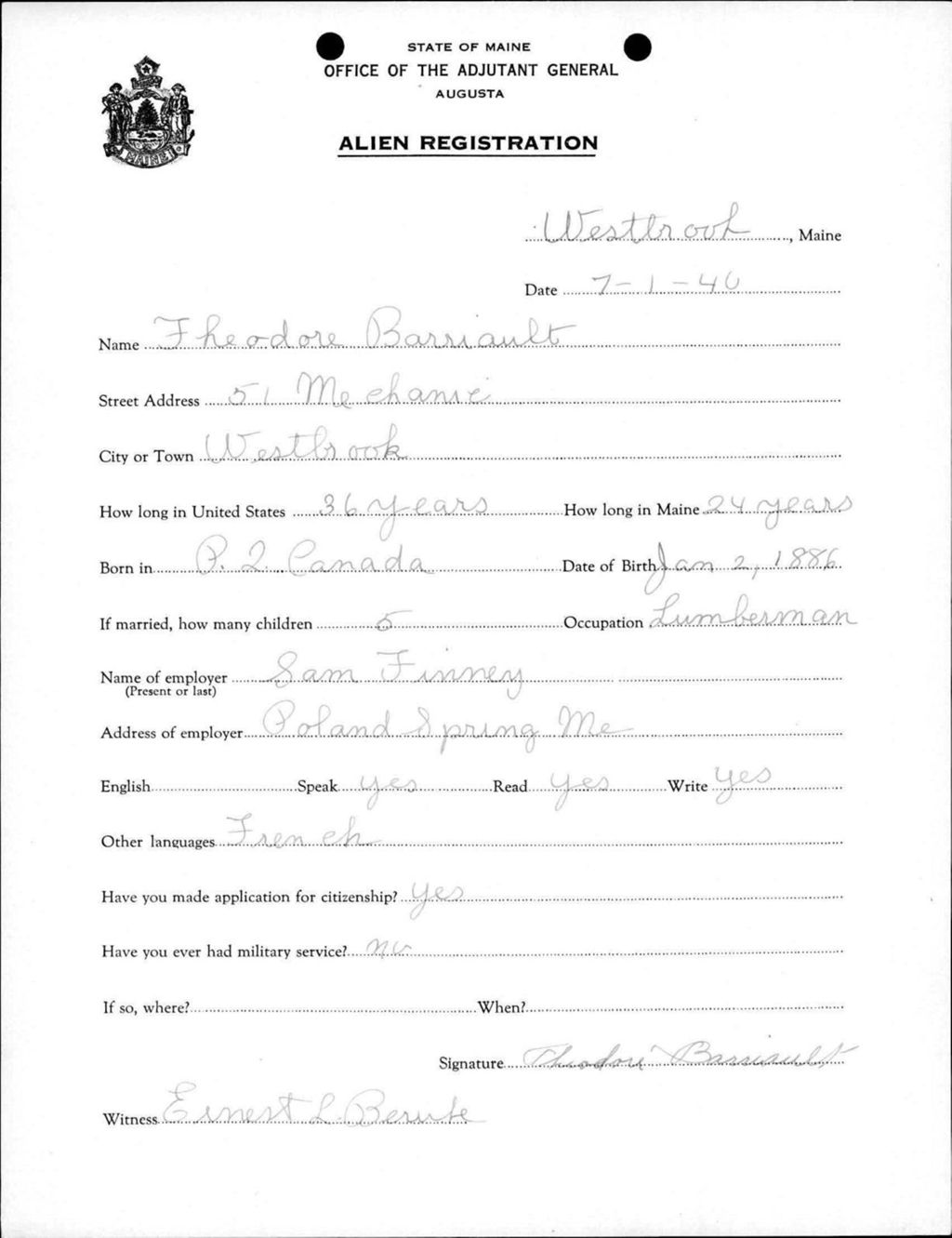 Miniature of Alien Registration- Barriault, Theodore (Westbrook, Cumberland County)