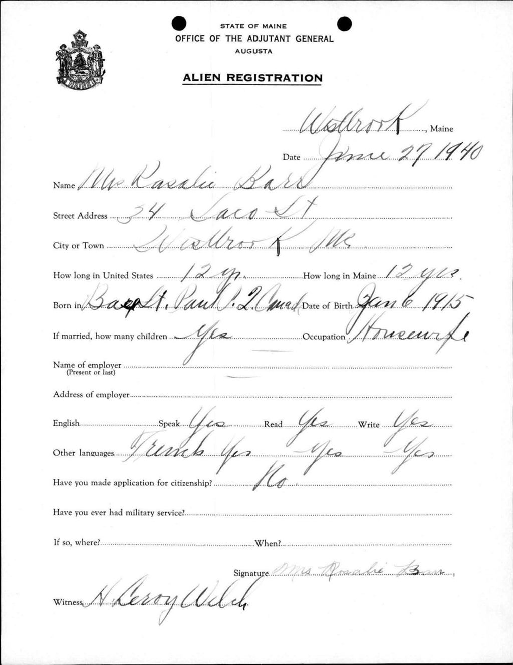 Miniature of Alien Registration- Barr, Rosalie (Westbrook, Cumberland County)