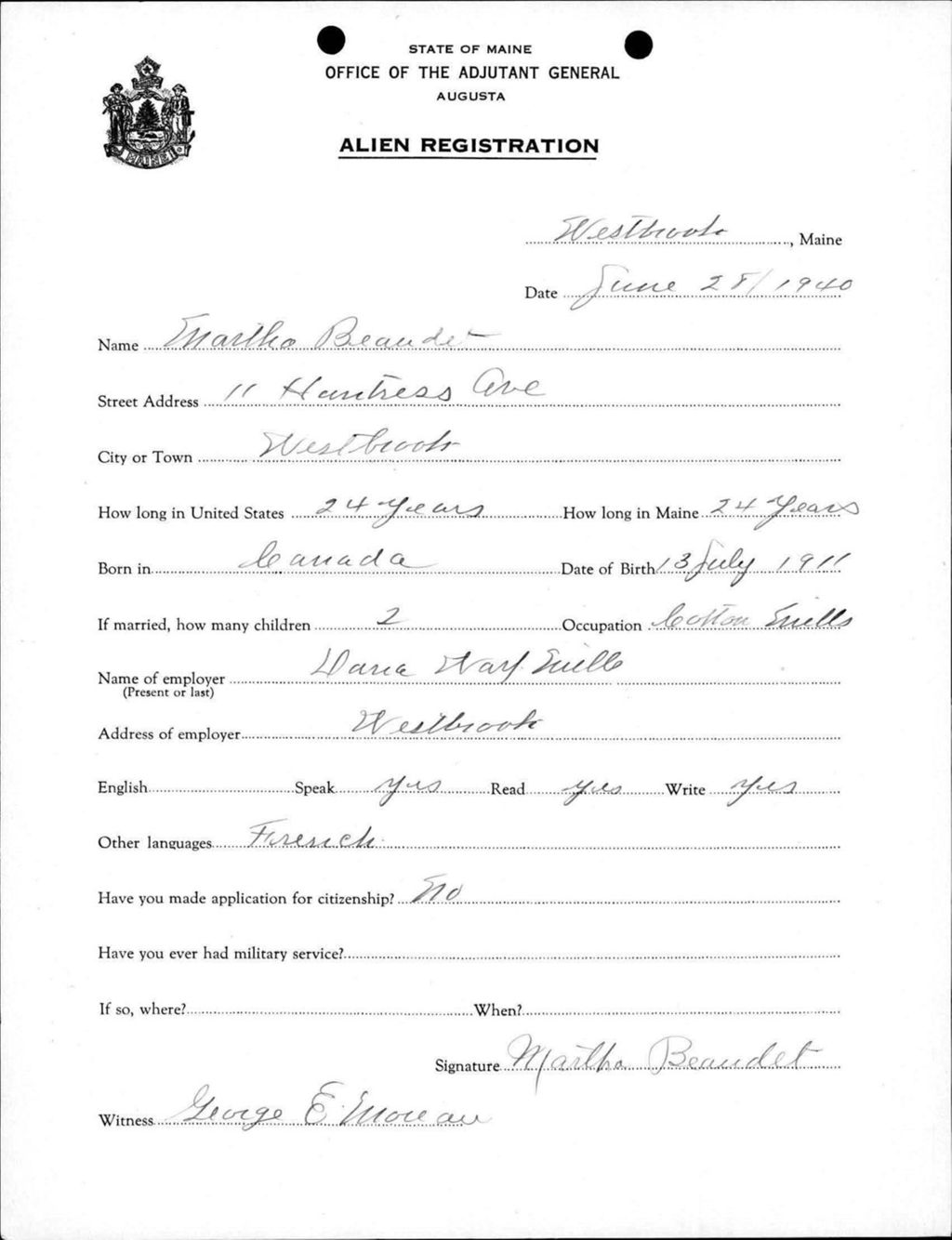 Miniature of Alien Registration- Beaudet, Martha (Westbrook, Cumberland County)