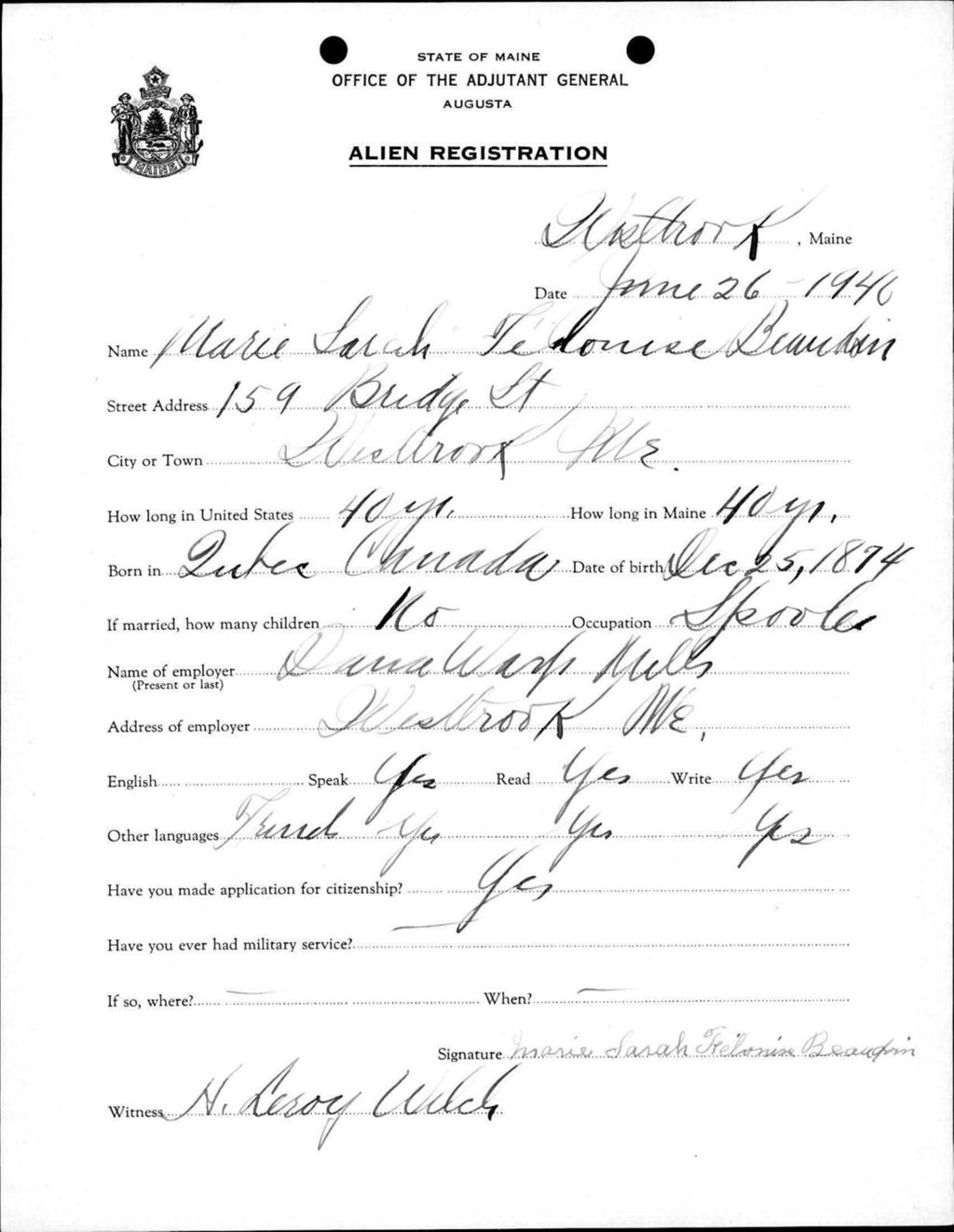 Miniature of Alien Registration- Beaudoin, Marie Sarah F. (Westbrook, Cumberland County)