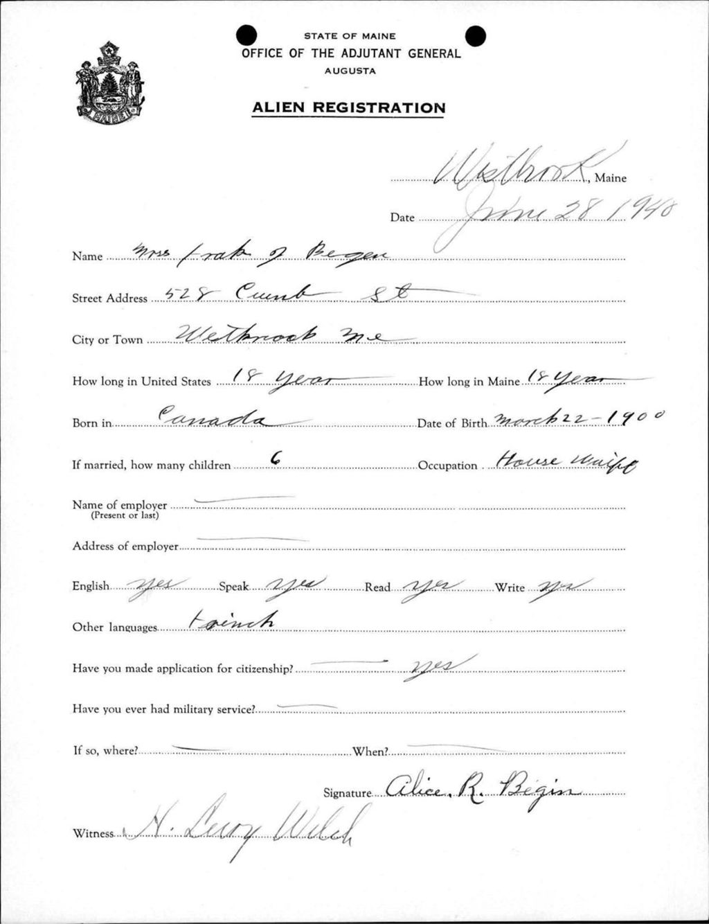 Miniature of Alien Registration- Begin, Alice R. (Westbrook, Cumberland County)