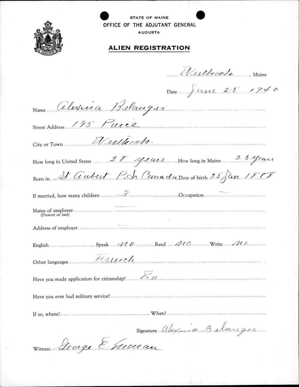 Miniature of Alien Registration- Belanger, Alexina (Westbrook, Cumberland County)