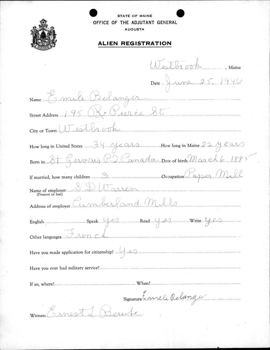 Miniature of Alien Registration- Belanger, Emile (Westbrook, Cumberland County)