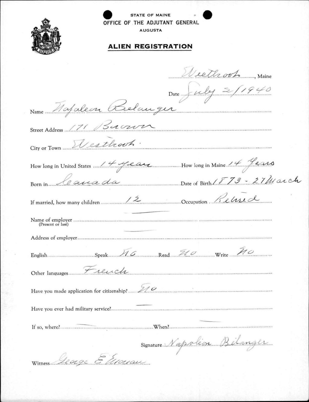 Miniature of Alien Registration- Belanger, Napoleon (Westbrook, Cumberland County)