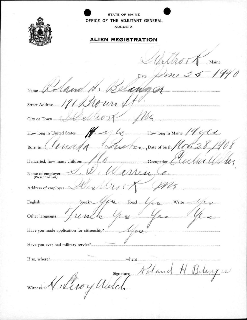 Miniature of Alien Registration- Belanger, Roland H. (Westbrook, Cumberland County)