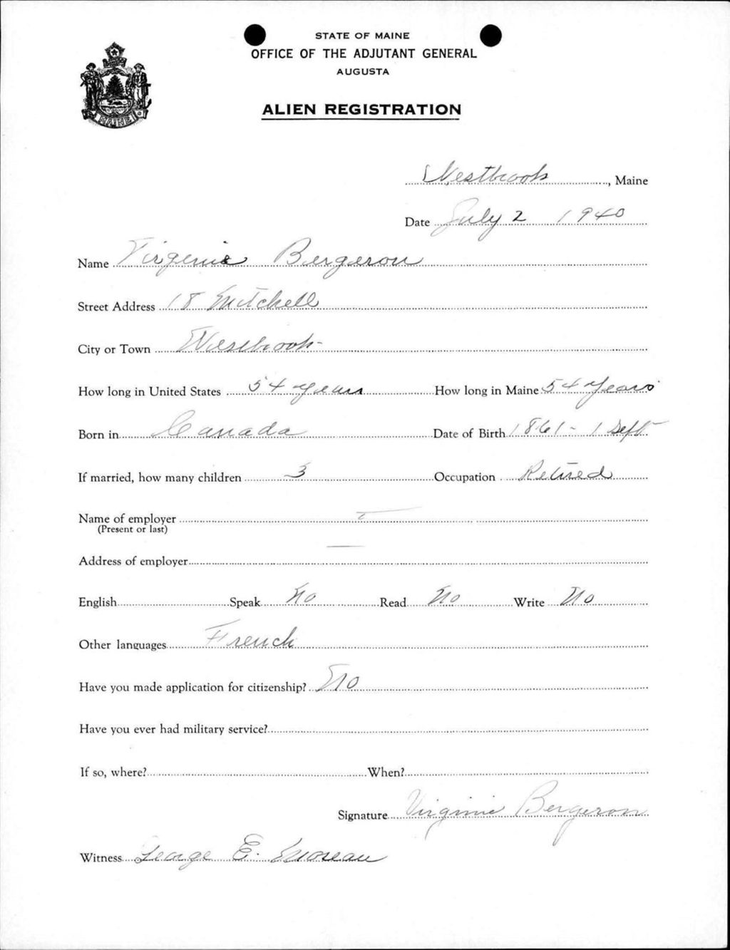 Miniature of Alien Registration- Bergeron, Virginia (Westbrook, Cumberland County)
