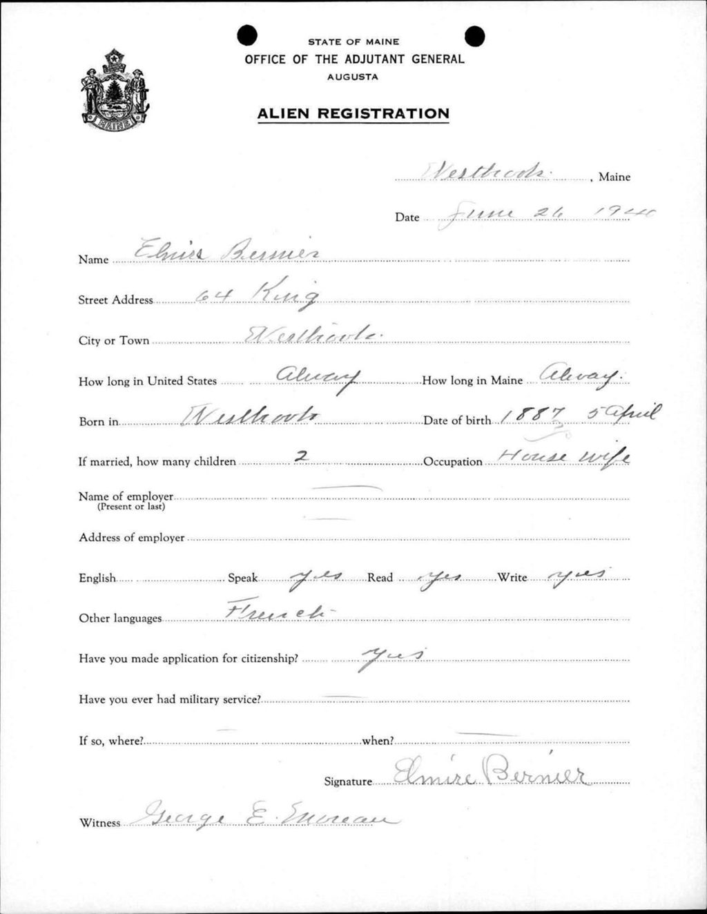 Miniature of Alien Registration- Bernier, Elmire (Westbrook, Cumberland County)