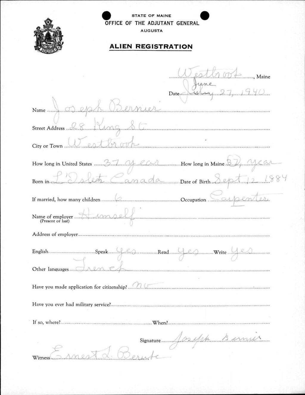 Miniature of Alien Registration- Bernier, Joseph (Westbrook, Cumberland County)