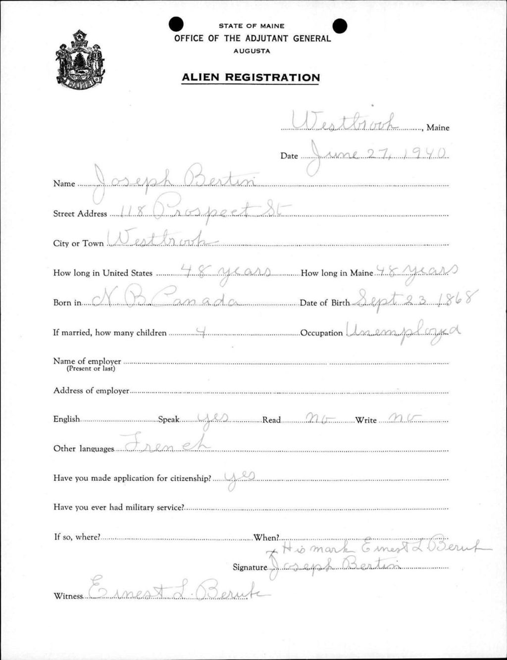 Miniature of Alien Registration- Bertin, Joseph (Westbrook, Cumberland County)