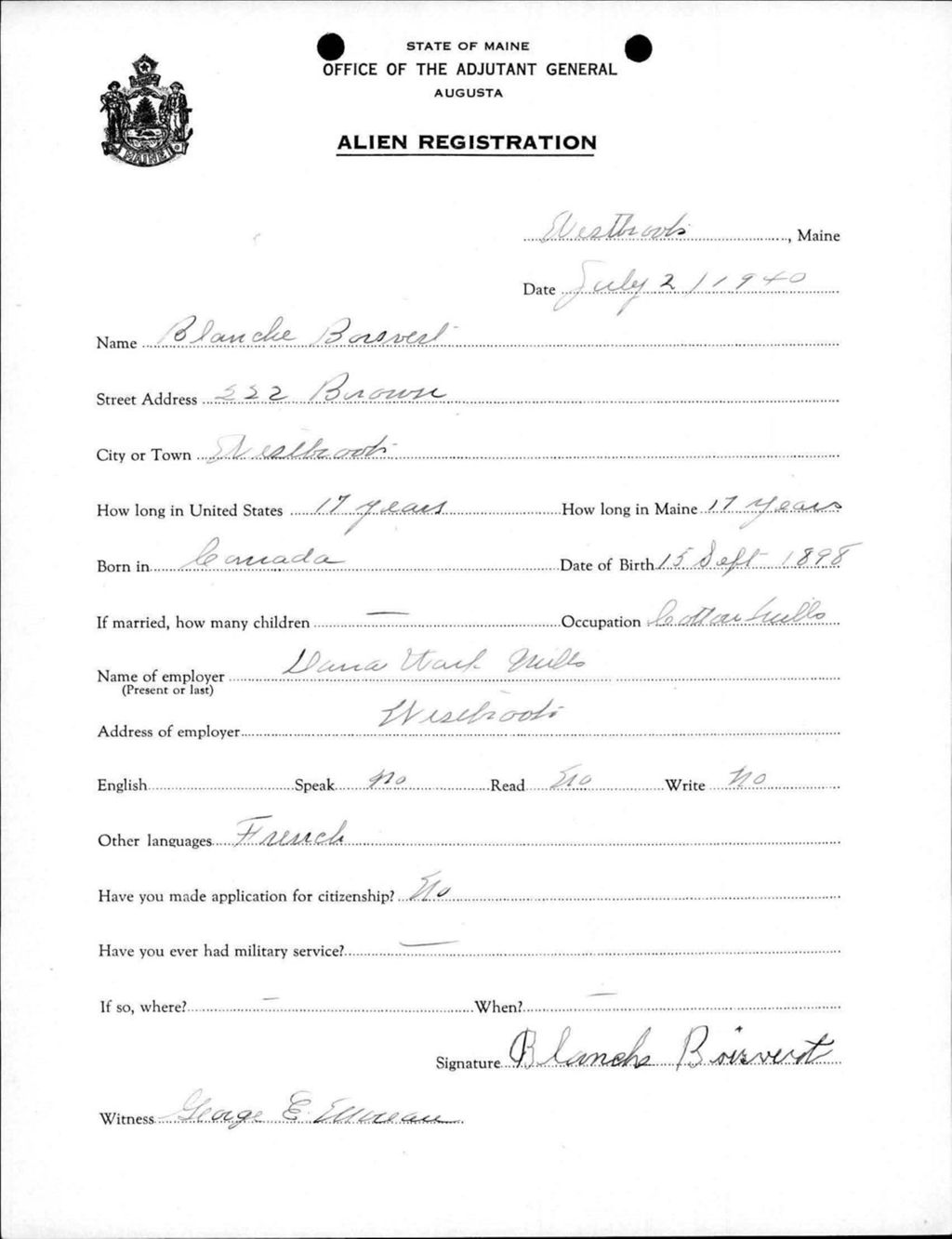 Miniature of Alien Registration- Boisvert, Blanche (Westbrook, Cumberland County)