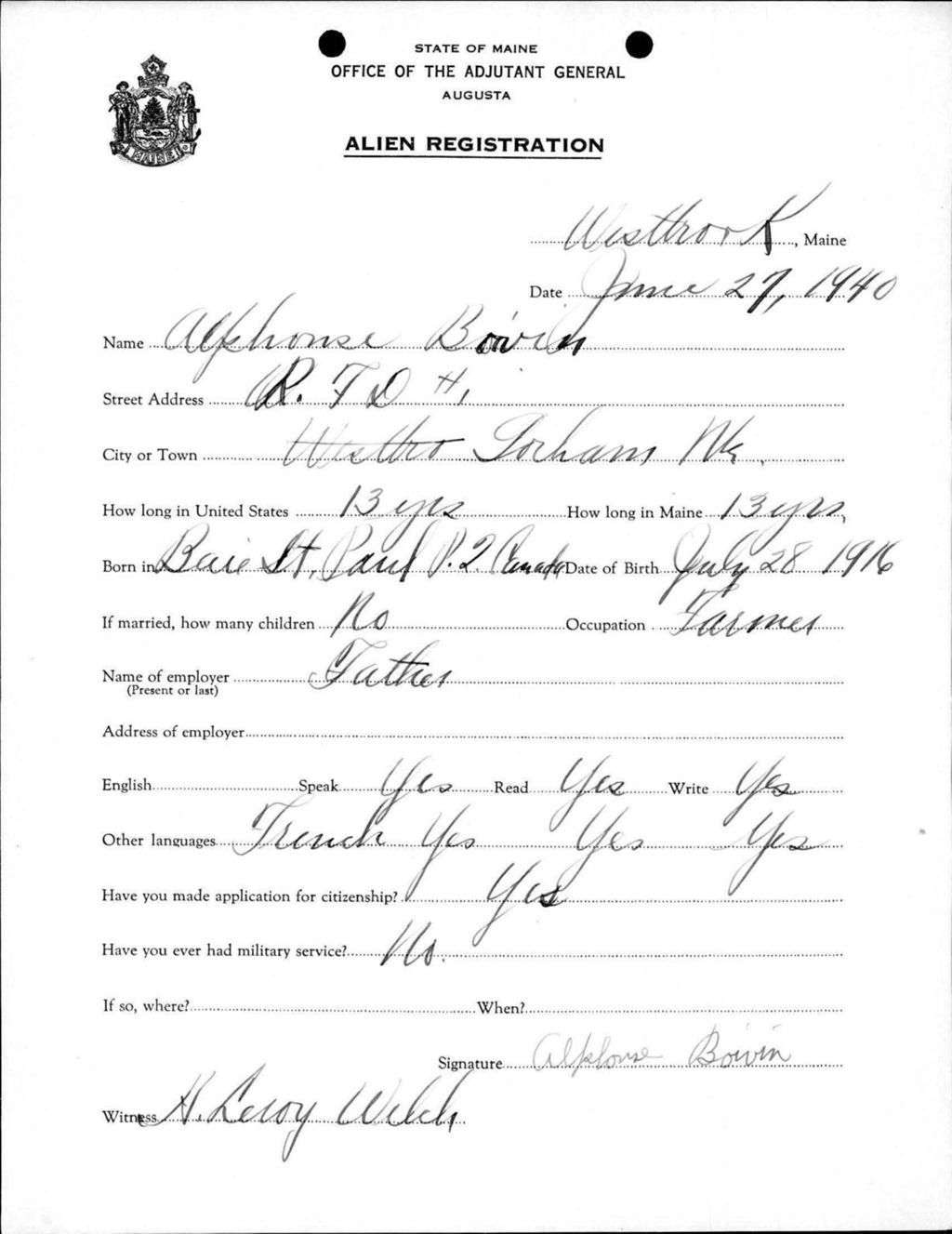 Miniature of Alien Registration- Bouin, Alphonse (Westbrook, Cumberland County)