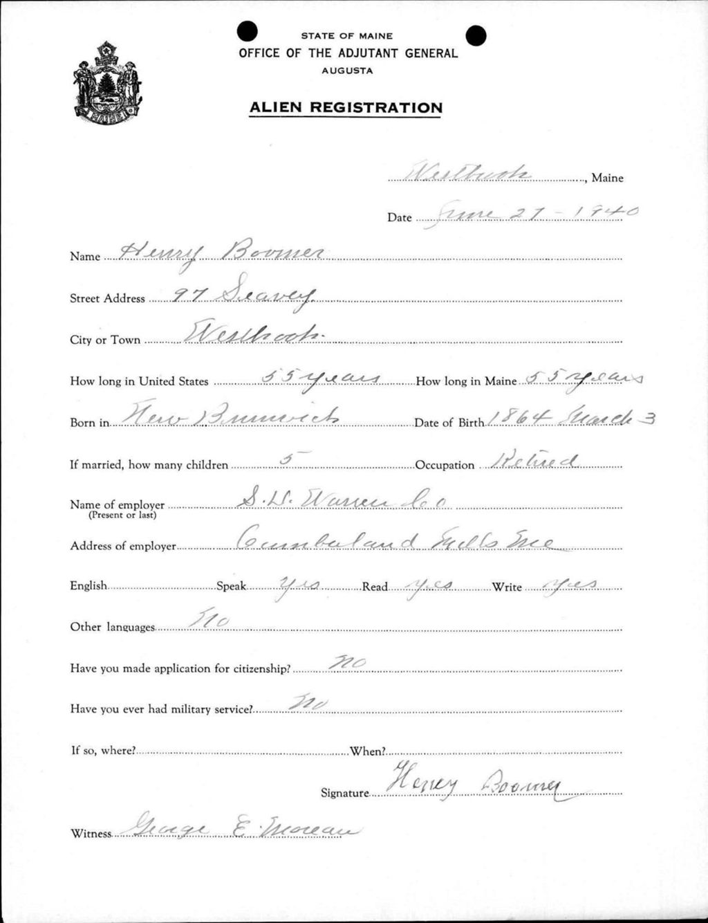 Miniature of Alien Registration- Boivner, Henry (Westbrook, Cumberland County)