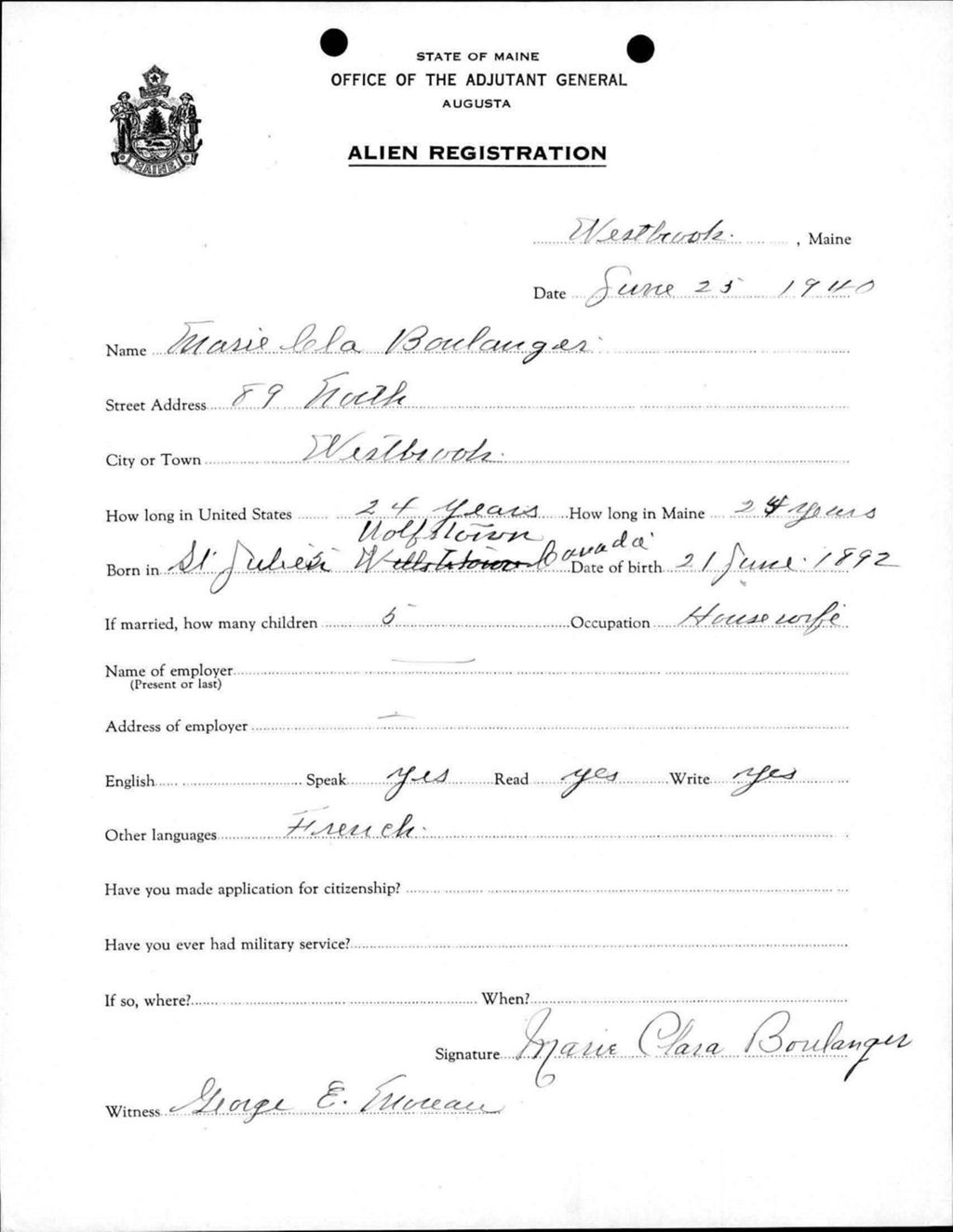 Miniature of Alien Registration- Boulanger, Marie L. (Westbrook, Cumberland County)