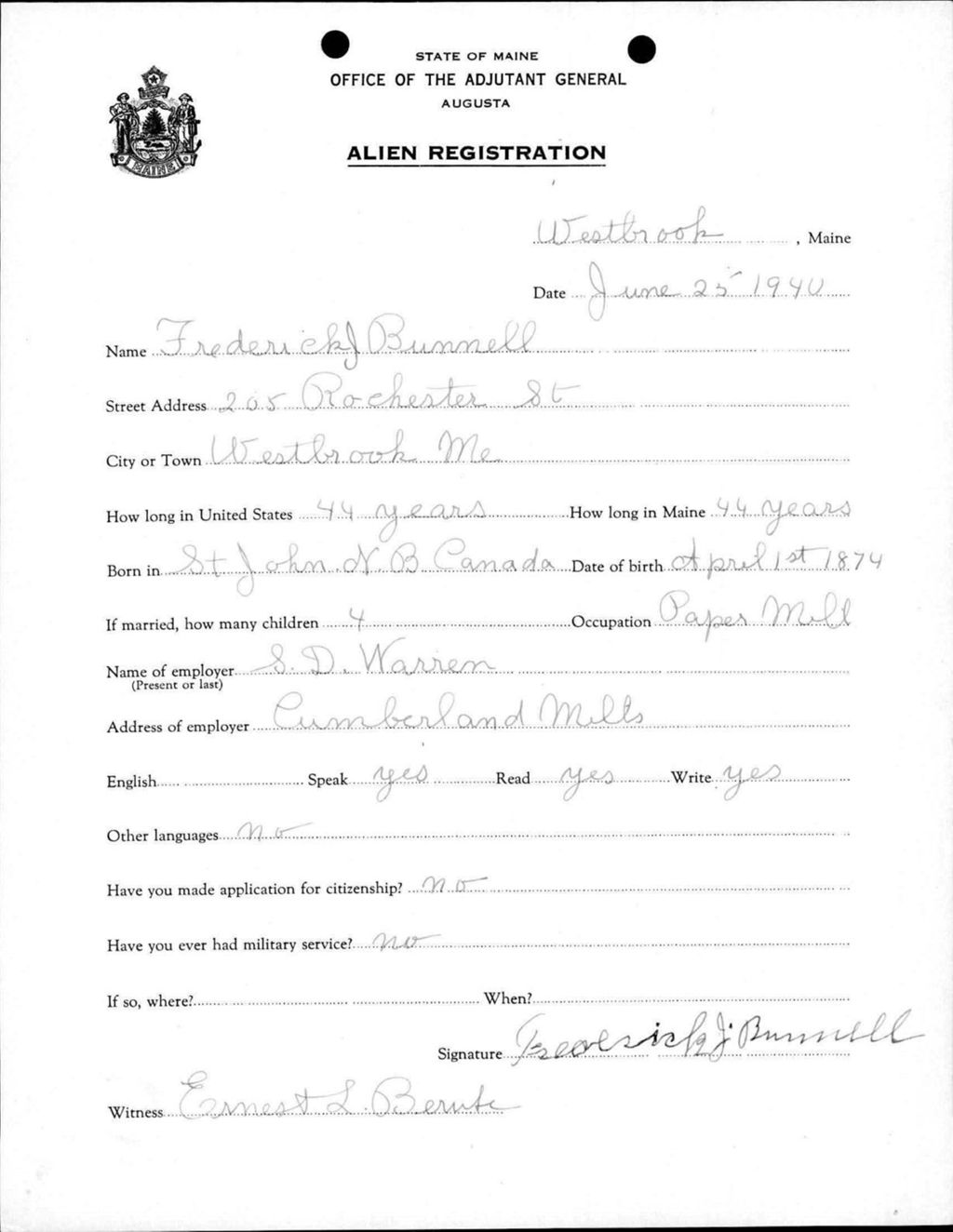 Miniature of Alien Registration- Bunnell, Frederick J. (Westbrook, Cumberland County)