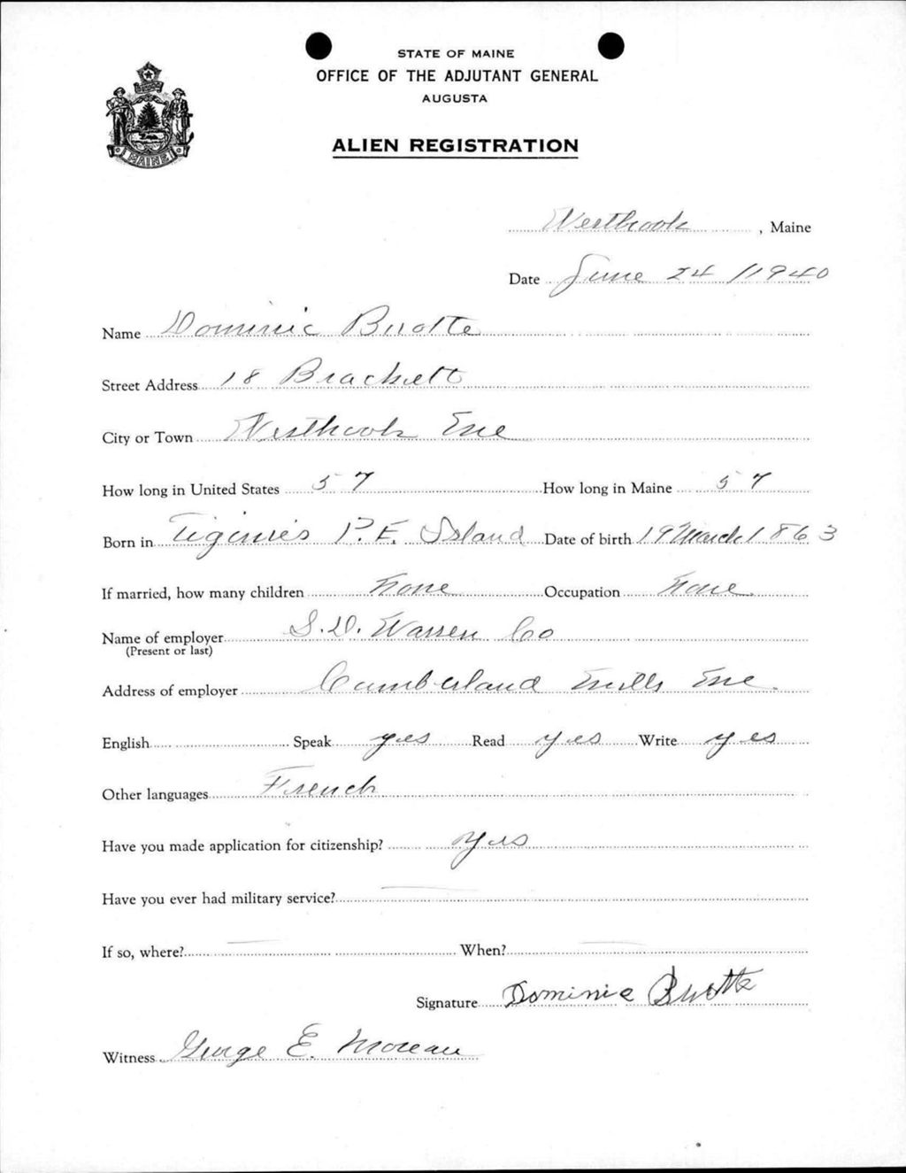 Miniature of Alien Registration- Buette, Dominic (Westbrook, Cumberland County)
