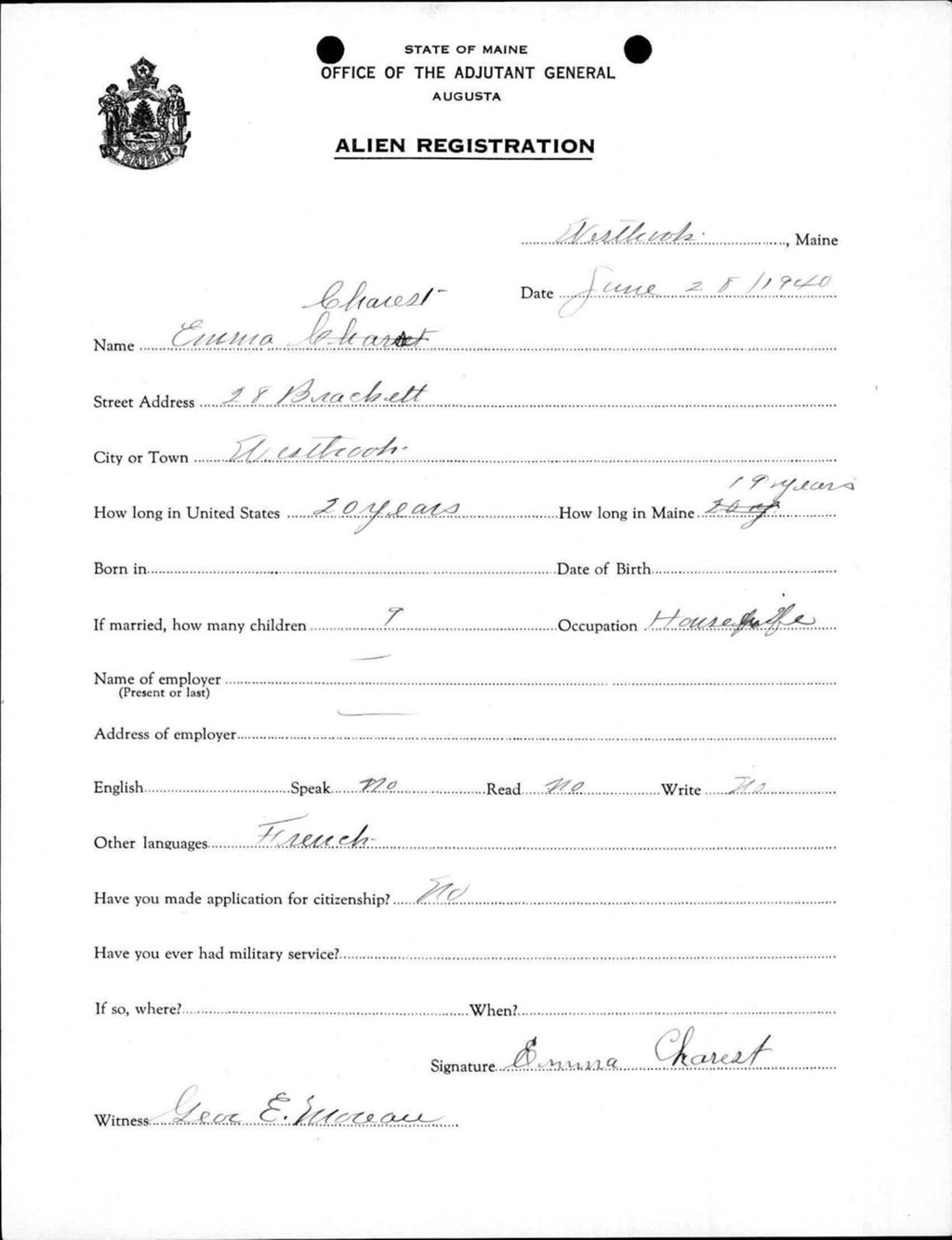 Miniature of Alien Registration- Charest, Emma (Westbrook, Cumberland County)