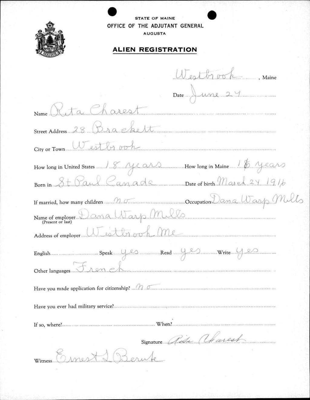 Miniature of Alien Registration- Charest, Rita (Westbrook, Cumberland County)