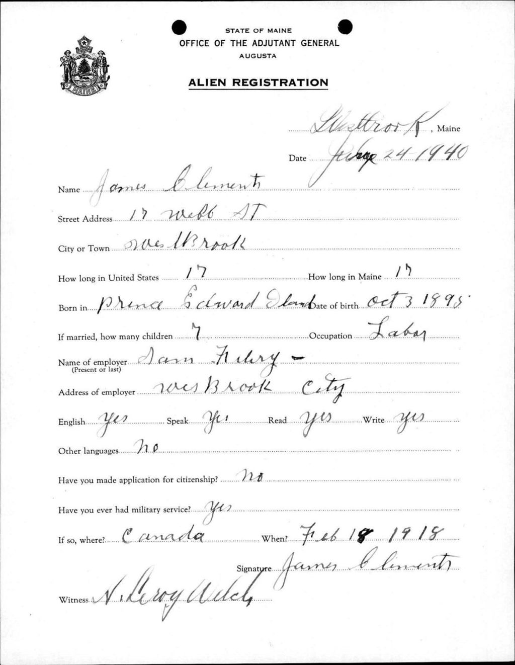 Miniature of Alien Registration- Clements, James (Westbrook, Cumberland County)
