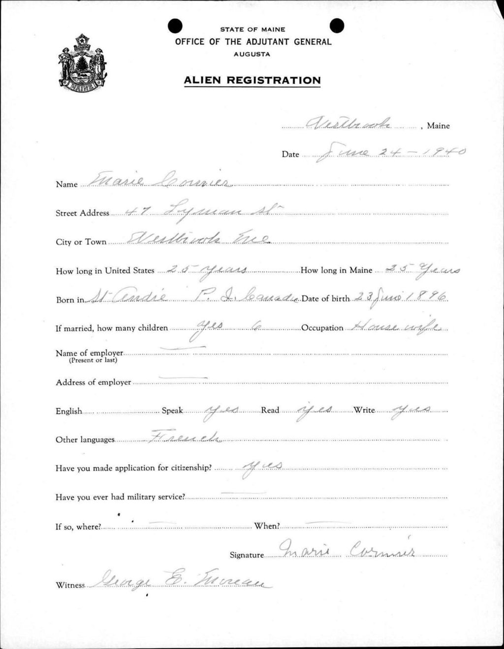 Miniature of Alien Registration- Courier, Marie (Westbrook, Cumberland County)