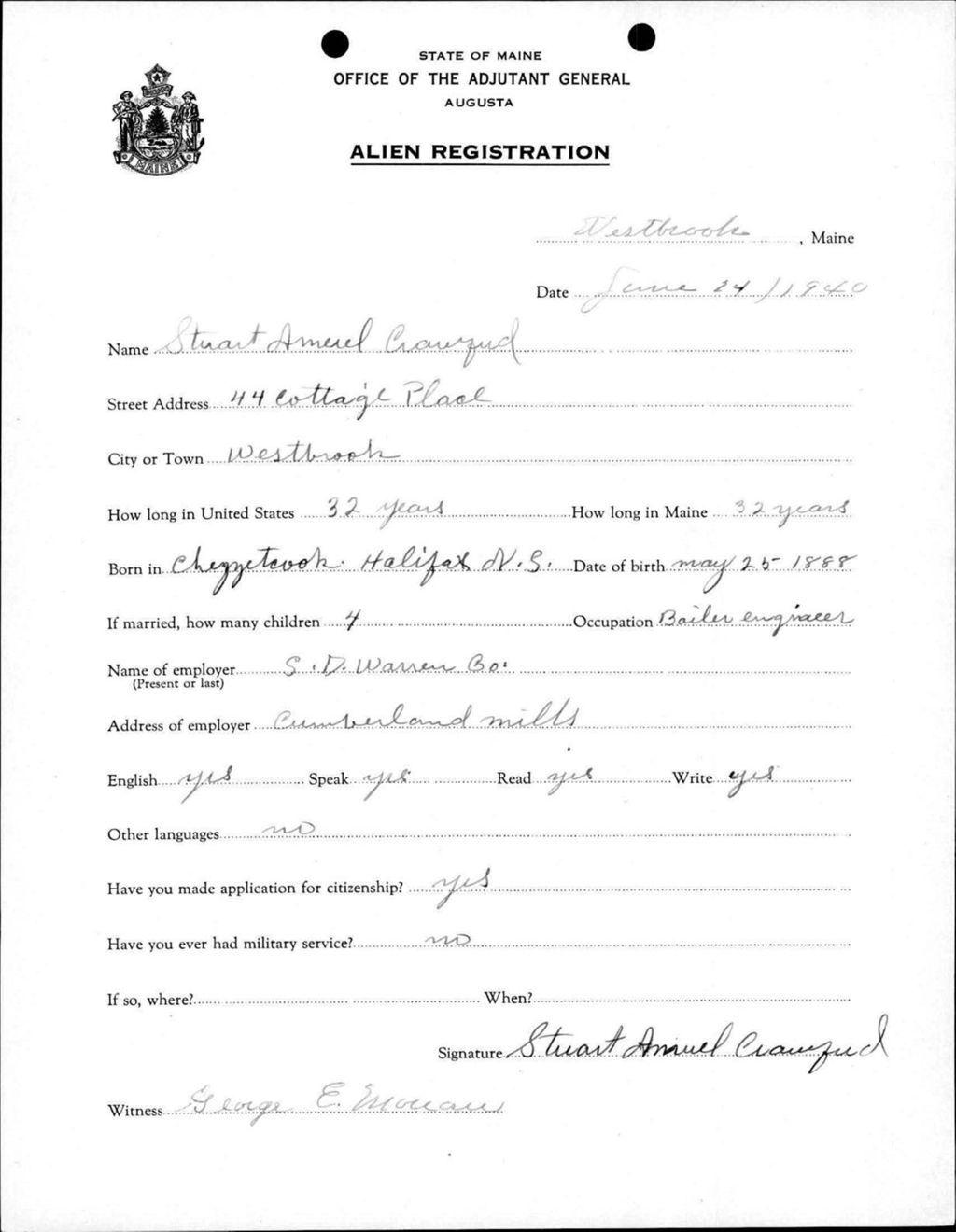 Miniature of Alien Registration- Crawford, Stuart A. (Westbrook, Cumberland County)