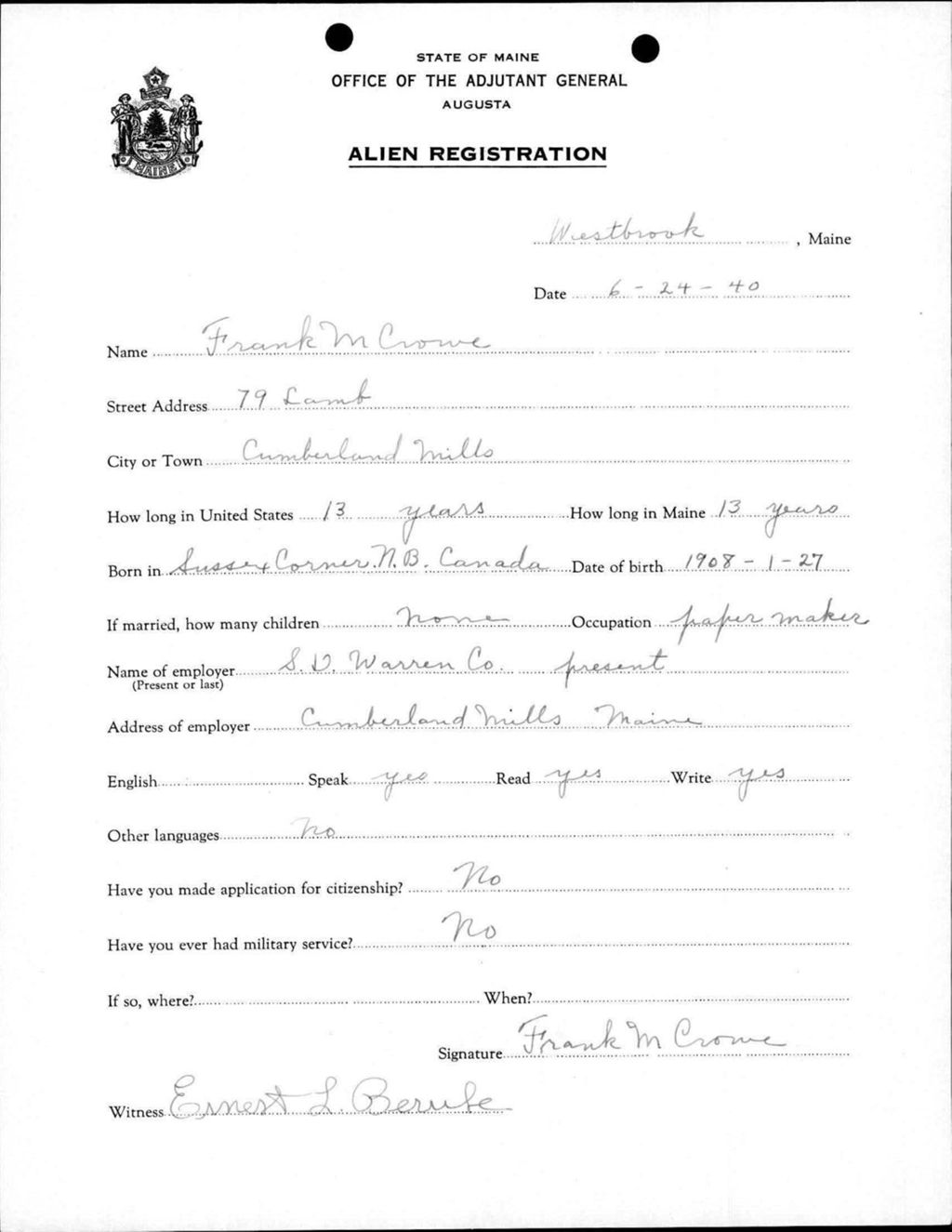 Miniature of Alien Registration- Crowe, Frank M. (Westbrook, Cumberland County)