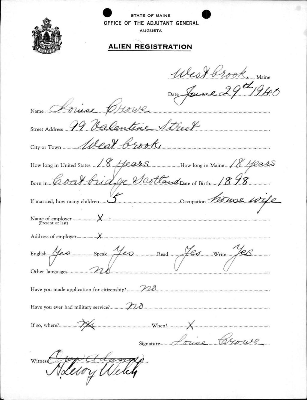 Miniature of Alien Registration- Crowe, Louise (Westbrook, Cumberland County)