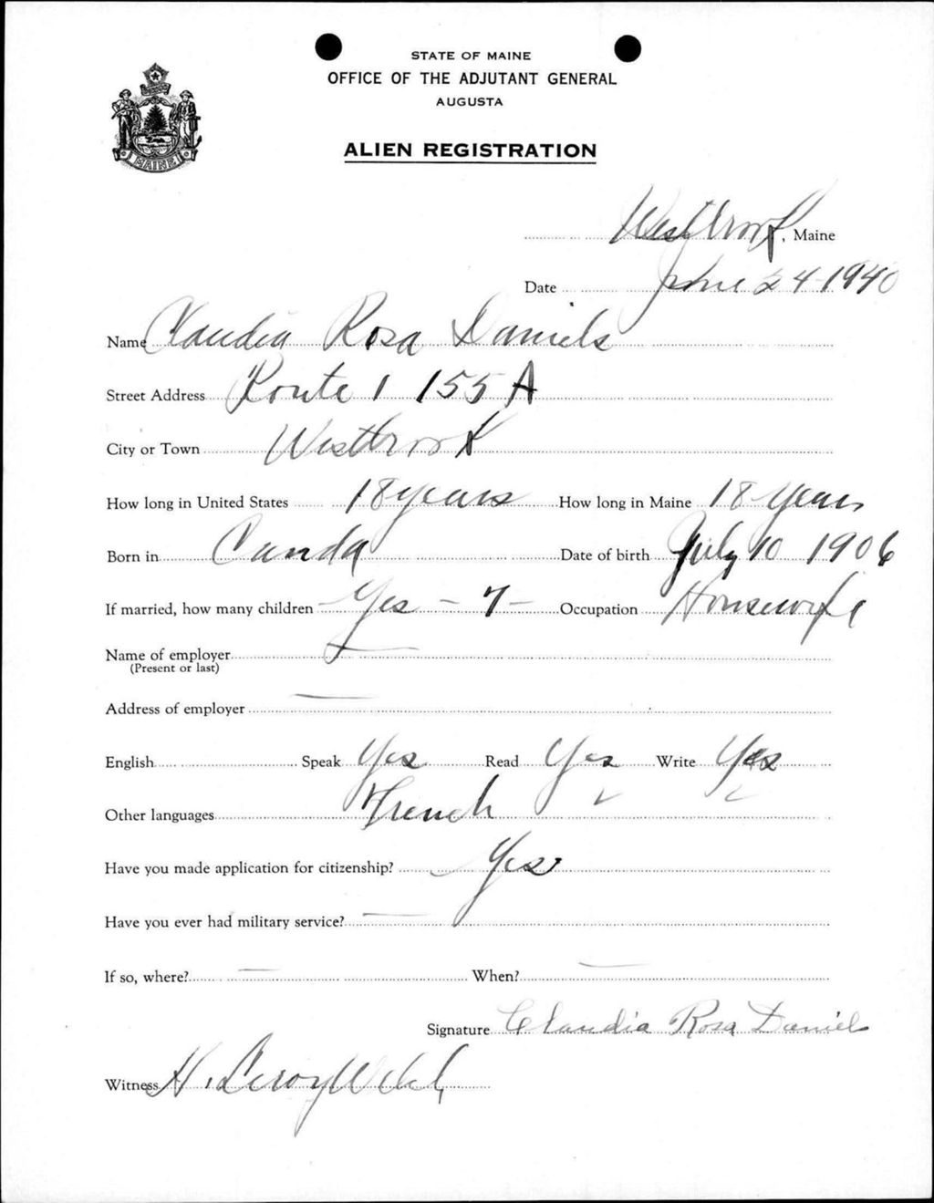 Miniature of Alien Registration- Daniels, Claudia R. (Westbrook, Cumberland County)