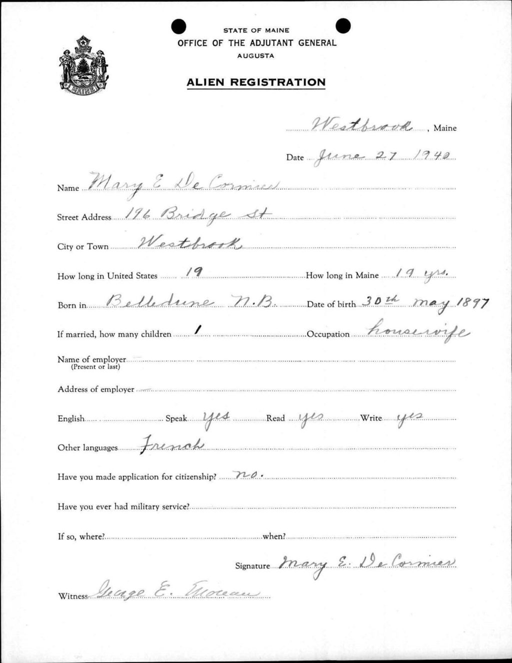 Miniature of Alien Registration- De Cormier, Mary E. (Westbrook, Cumberland County)
