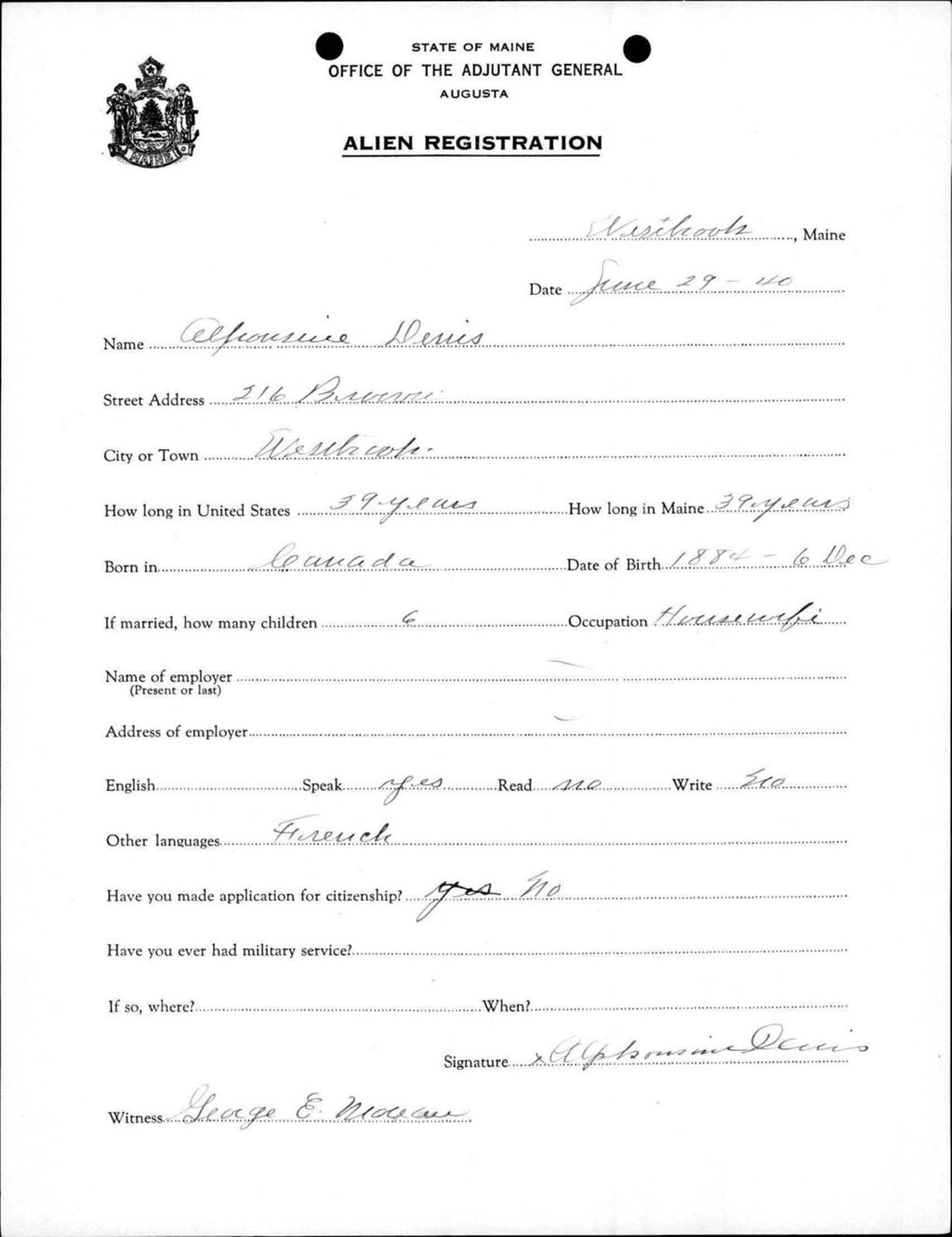 Miniature of Alien Registration- Denis, Alphonsine (Westbrook, Cumberland County)