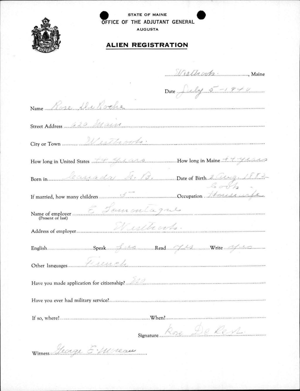 Miniature of Alien Registration- Deroche, Rose (Westbrook, Cumberland County)